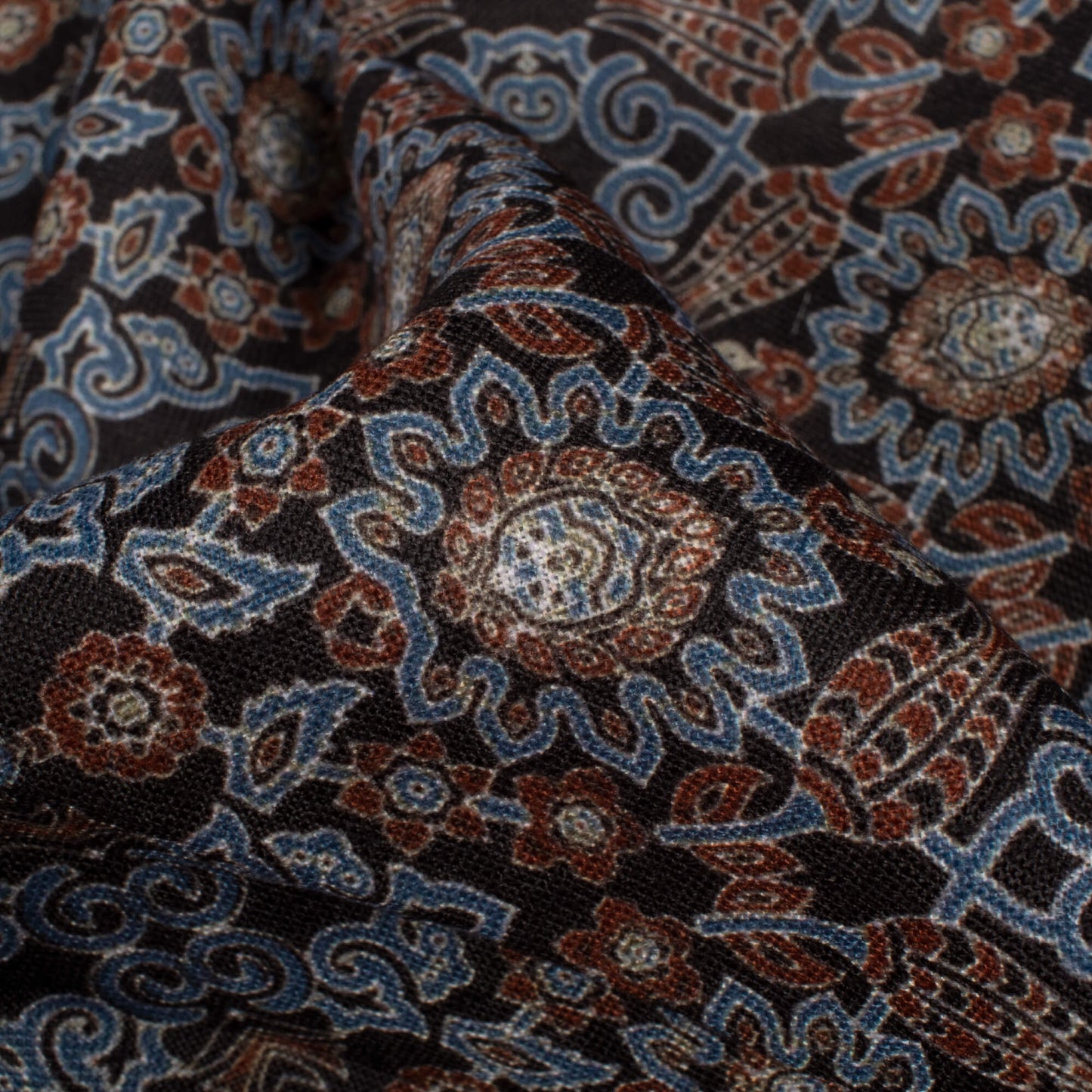 Pigeon Blue And Maroon Ajrakh Pattern Digital Print Linen Textured Fabric (Width 56 Inches)