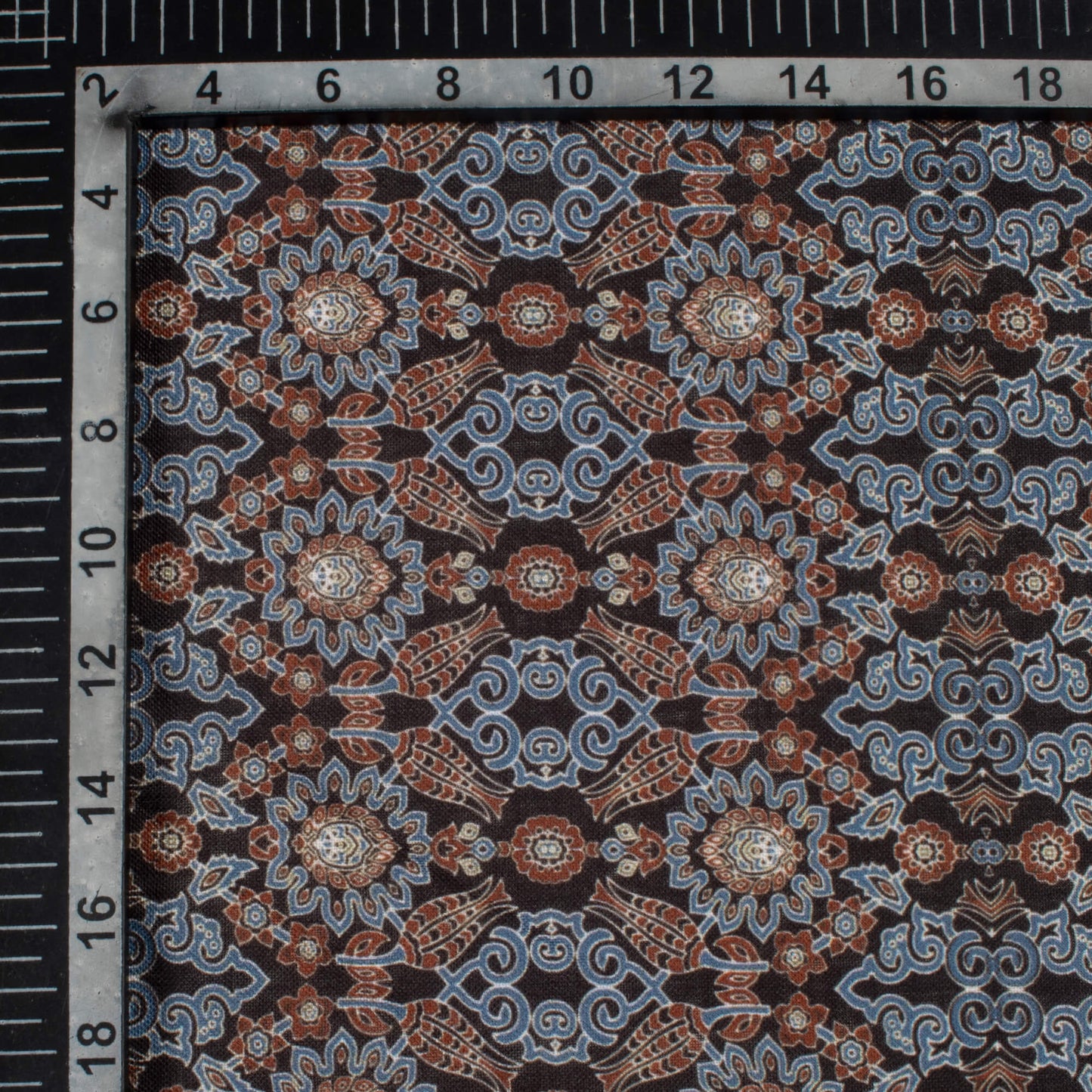 Pigeon Blue And Maroon Ajrakh Pattern Digital Print Linen Textured Fabric (Width 56 Inches)