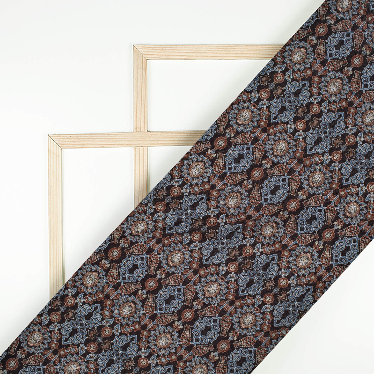 Pigeon Blue And Maroon Ajrakh Pattern Digital Print Linen Textured Fabric (Width 56 Inches)