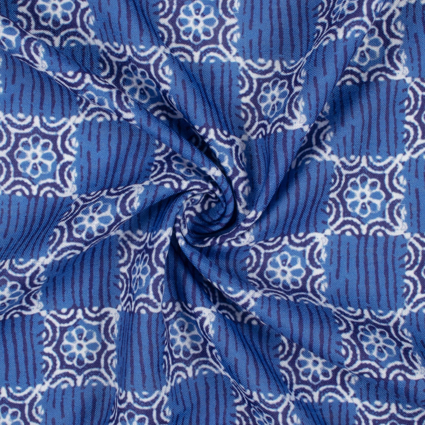 Blue And White Indiigo Pattern Digital Print Linen Textured Fabric (Width 56 Inches)