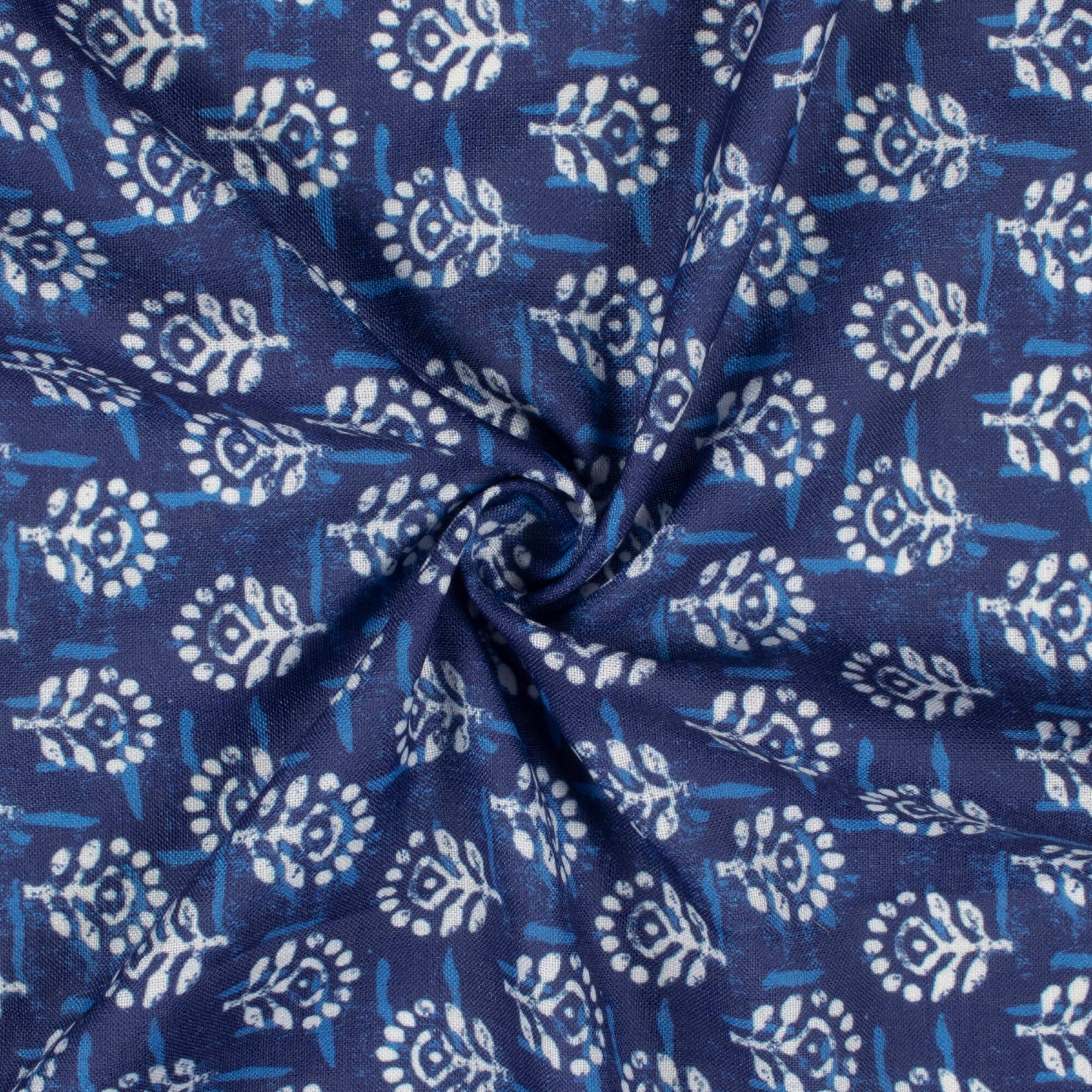 Blue And White Indiigo Pattern Digital Print Linen Textured Fabric (Width 56 Inches)