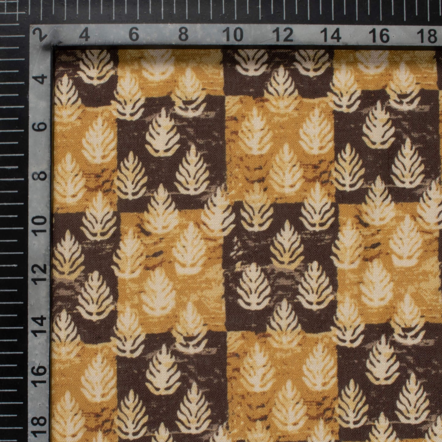 Ochre Yellow And Black Leaf Pattern Digital Print Linen Textured Fabric (Width 56 Inches)