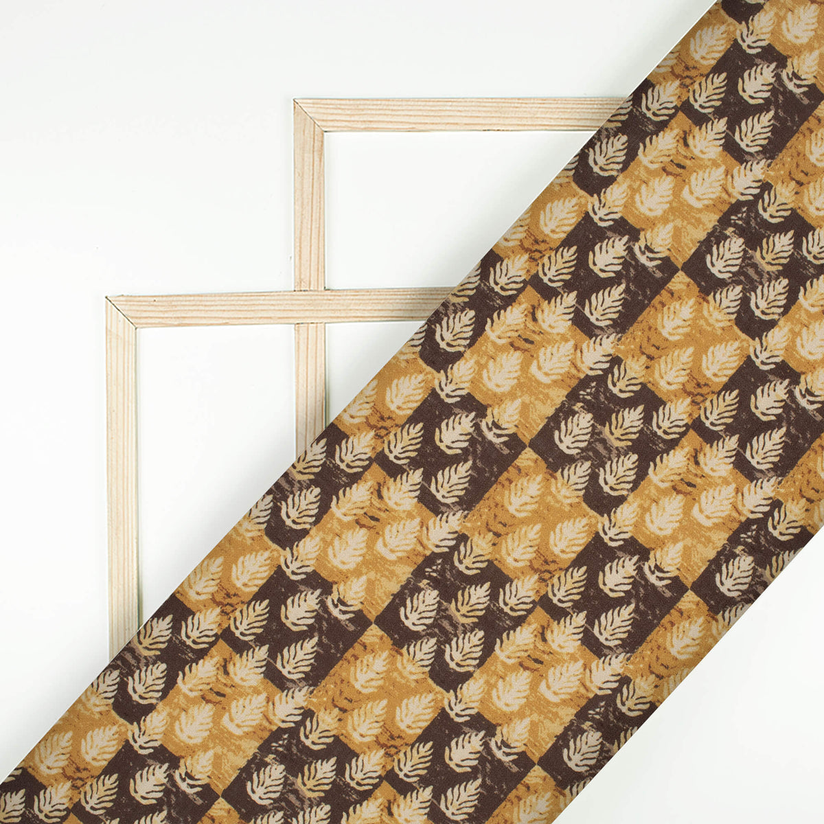 Ochre Yellow And Black Leaf Pattern Digital Print Linen Textured Fabric (Width 56 Inches)