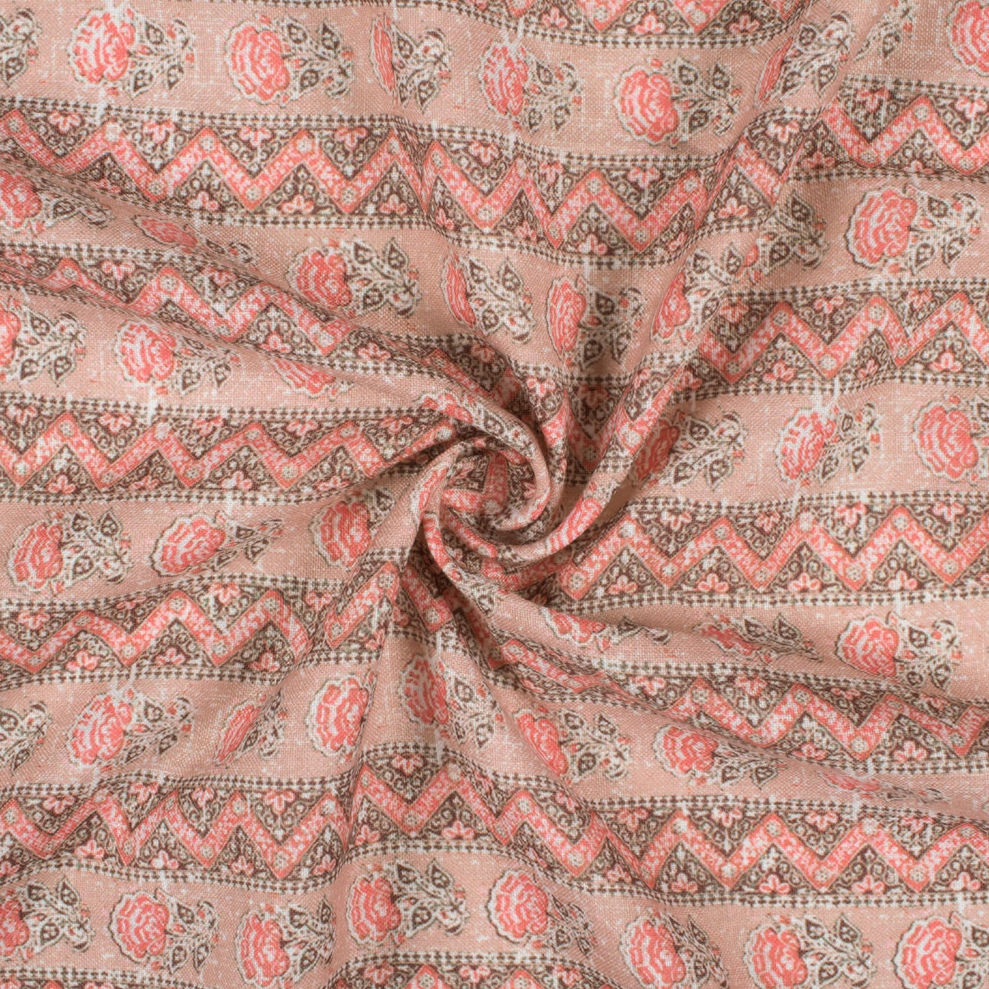Peach And Desire Red Floral Pattern Digital Print Linen Textured Fabric (Width 56 Inches)