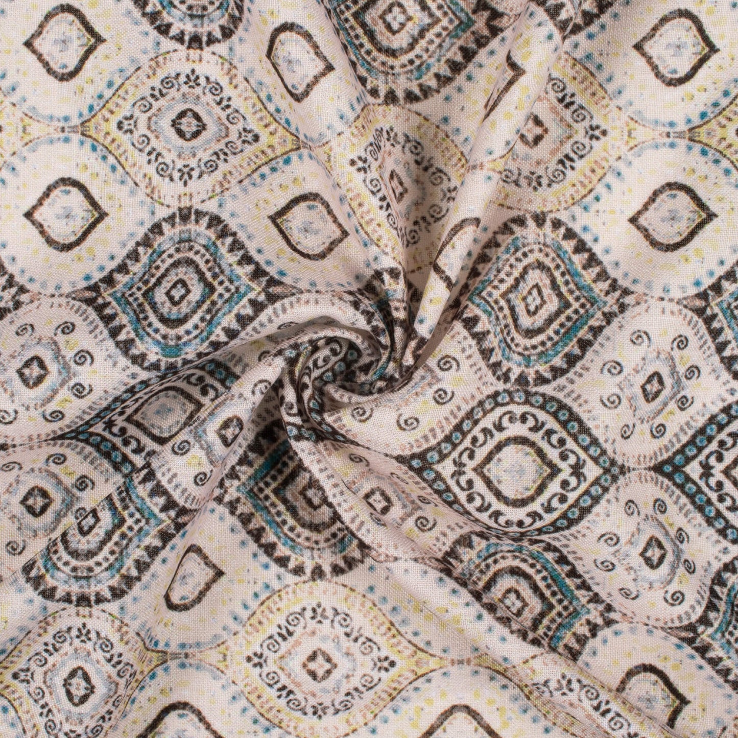 Oat Beige And Black Trellis Pattern Digital Print Linen Textured Fabric (Width 56 Inches)