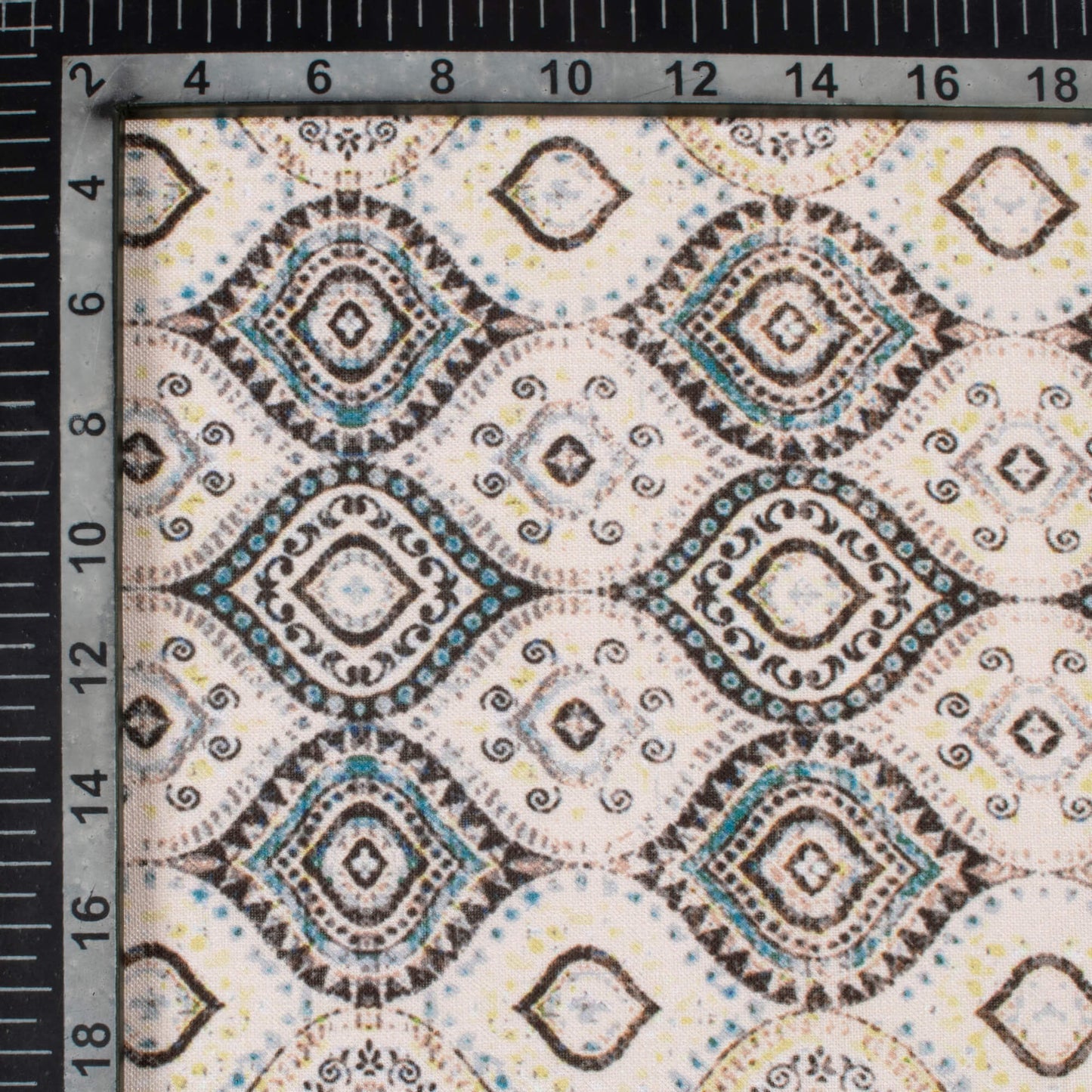 Oat Beige And Black Trellis Pattern Digital Print Linen Textured Fabric (Width 56 Inches)