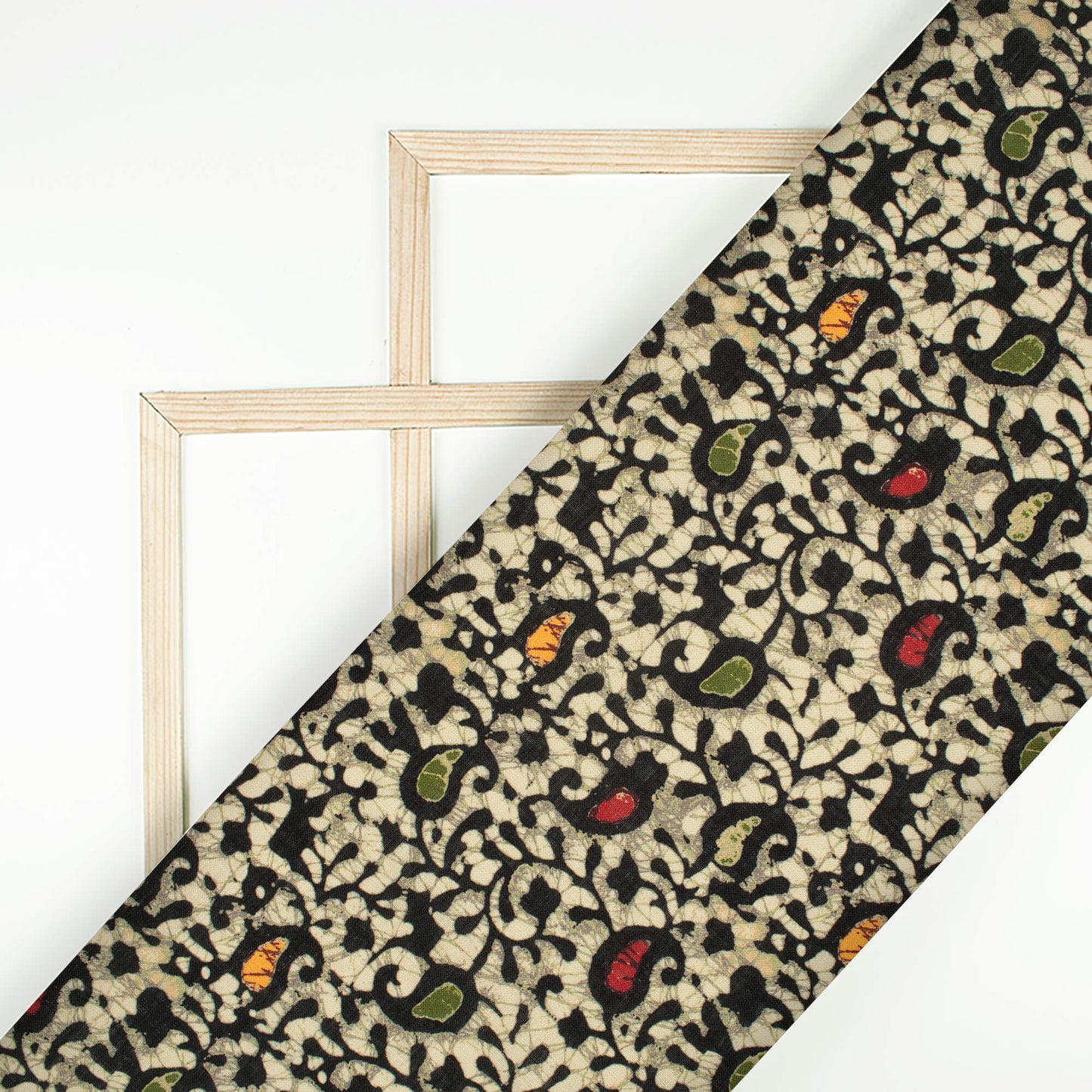 Moss Green And Black Paisley Pattern Digital Print Linen Textured Fabric (Width 56 Inches)