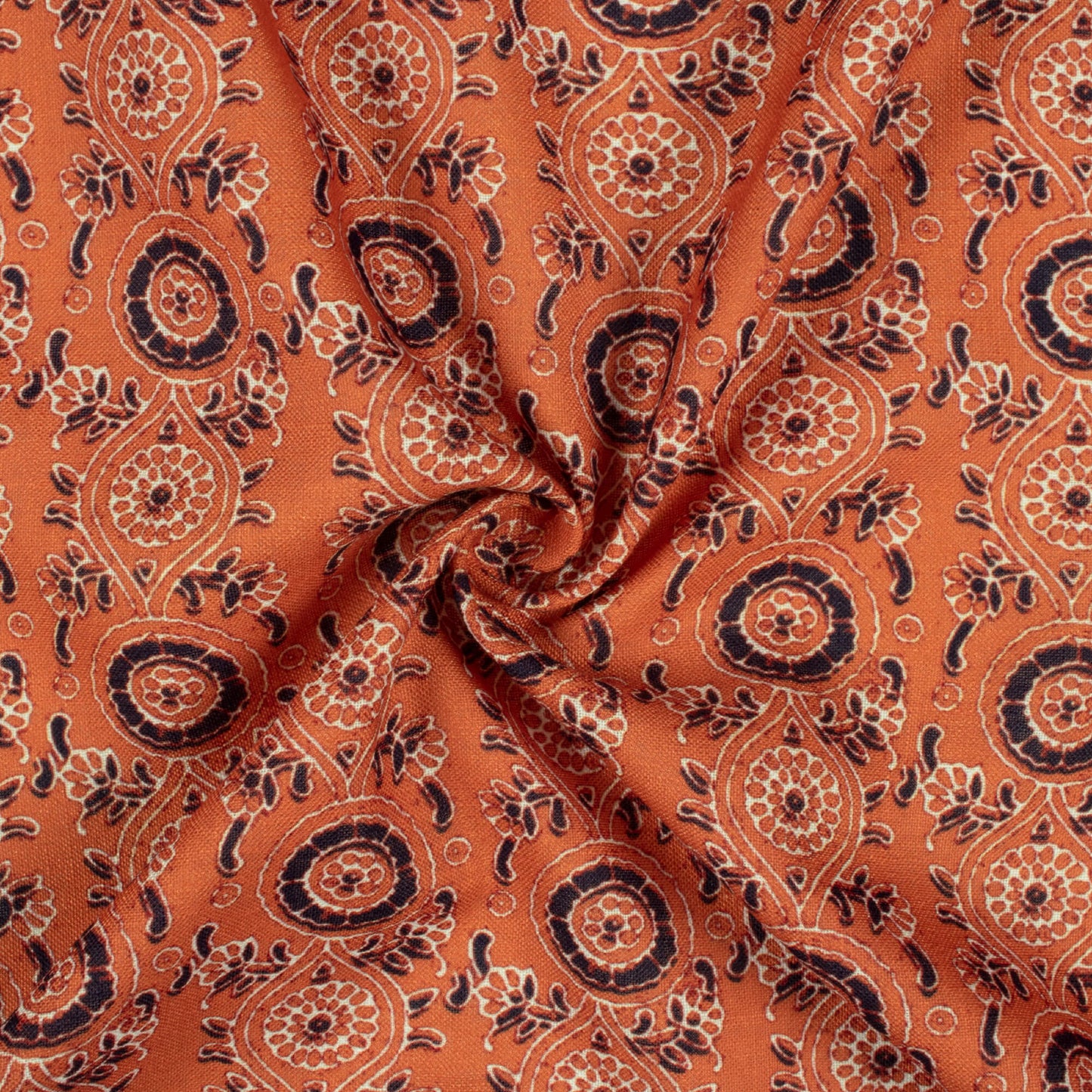 Burnt Orange And Black Ajrakh Pattern Digital Print Linen Textured Fabric (Width 56 Inches)