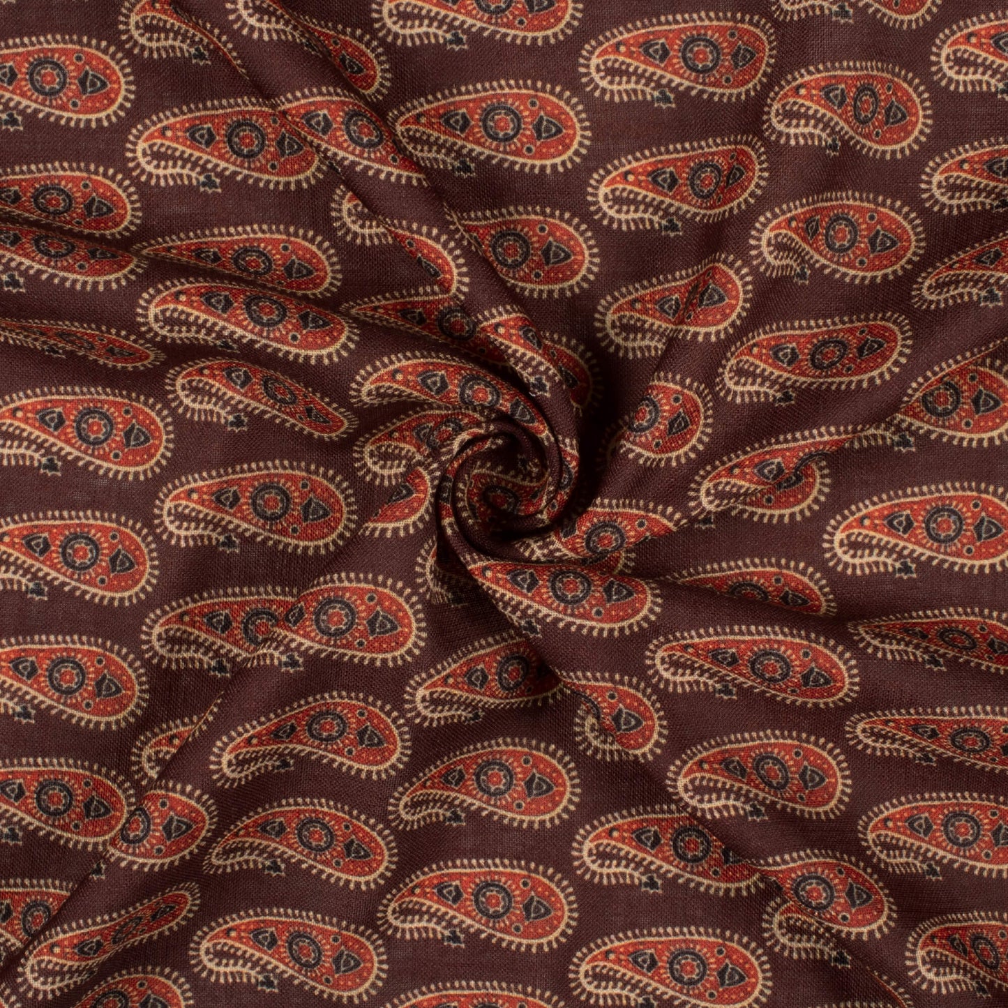 Hickory Brown And Blood Red Paisley Pattern Digital Print Linen Textured Fabric (Width 56 Inches)