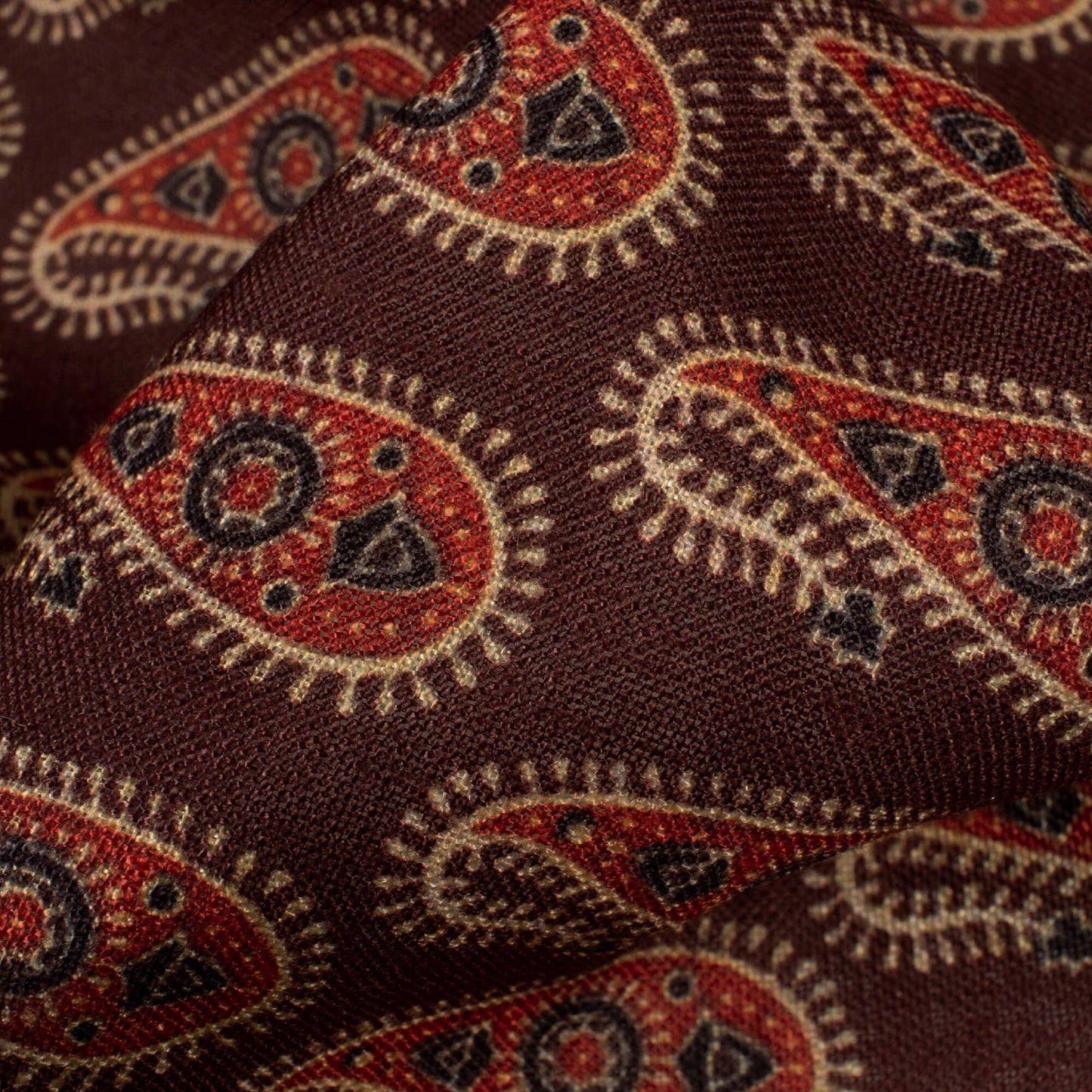 Hickory Brown And Blood Red Paisley Pattern Digital Print Linen Textured Fabric (Width 56 Inches)