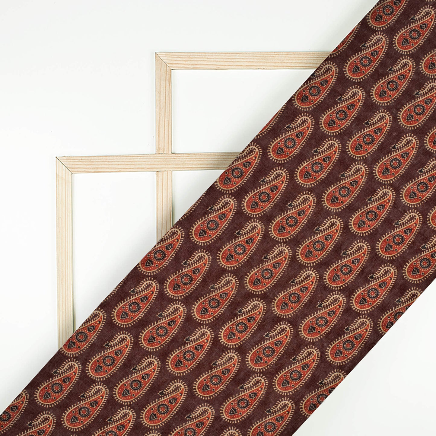 Hickory Brown And Blood Red Paisley Pattern Digital Print Linen Textured Fabric (Width 56 Inches)