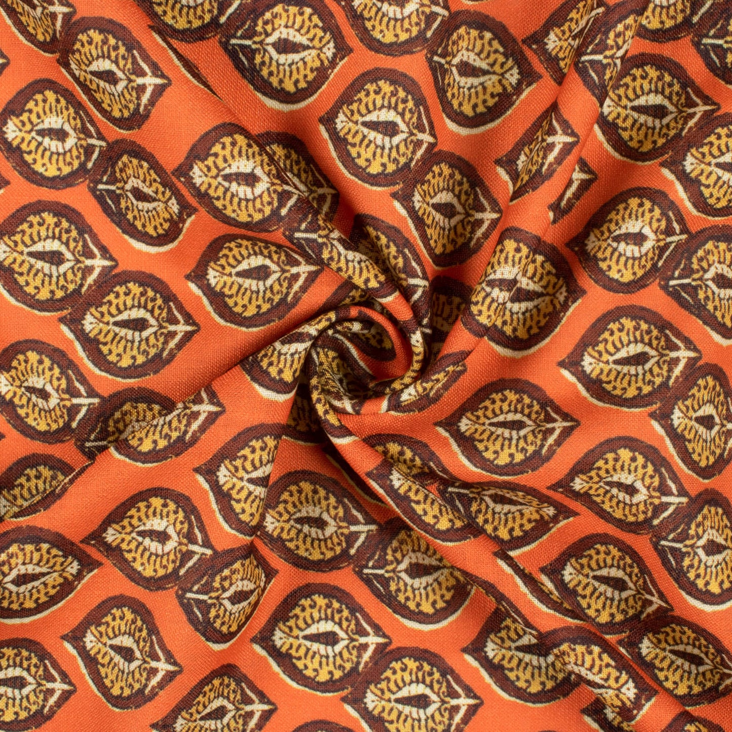 Dark Orange And Ochre Yellow Leaf Pattern Digital Print Linen Textured Fabric (Width 56 Inches)