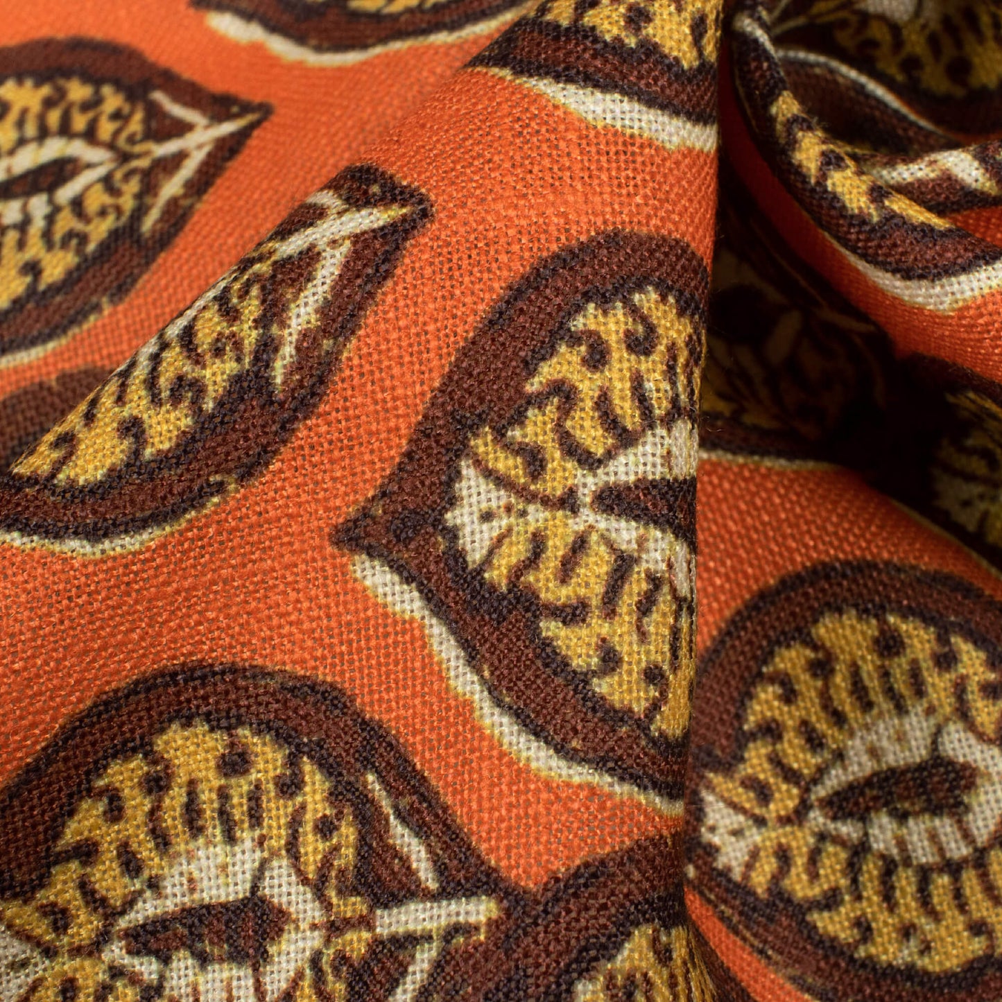 Dark Orange And Ochre Yellow Leaf Pattern Digital Print Linen Textured Fabric (Width 56 Inches)