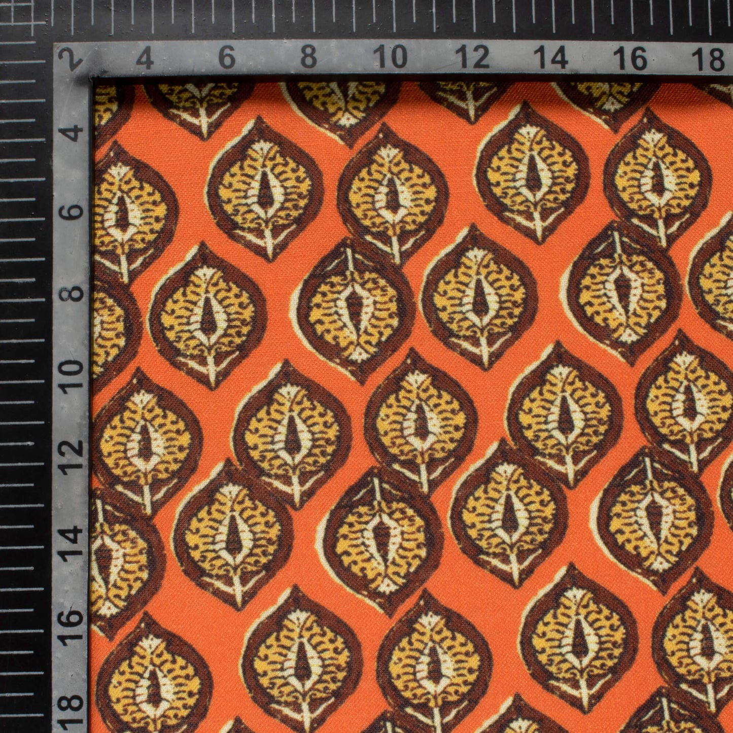 Dark Orange And Ochre Yellow Leaf Pattern Digital Print Linen Textured Fabric (Width 56 Inches)