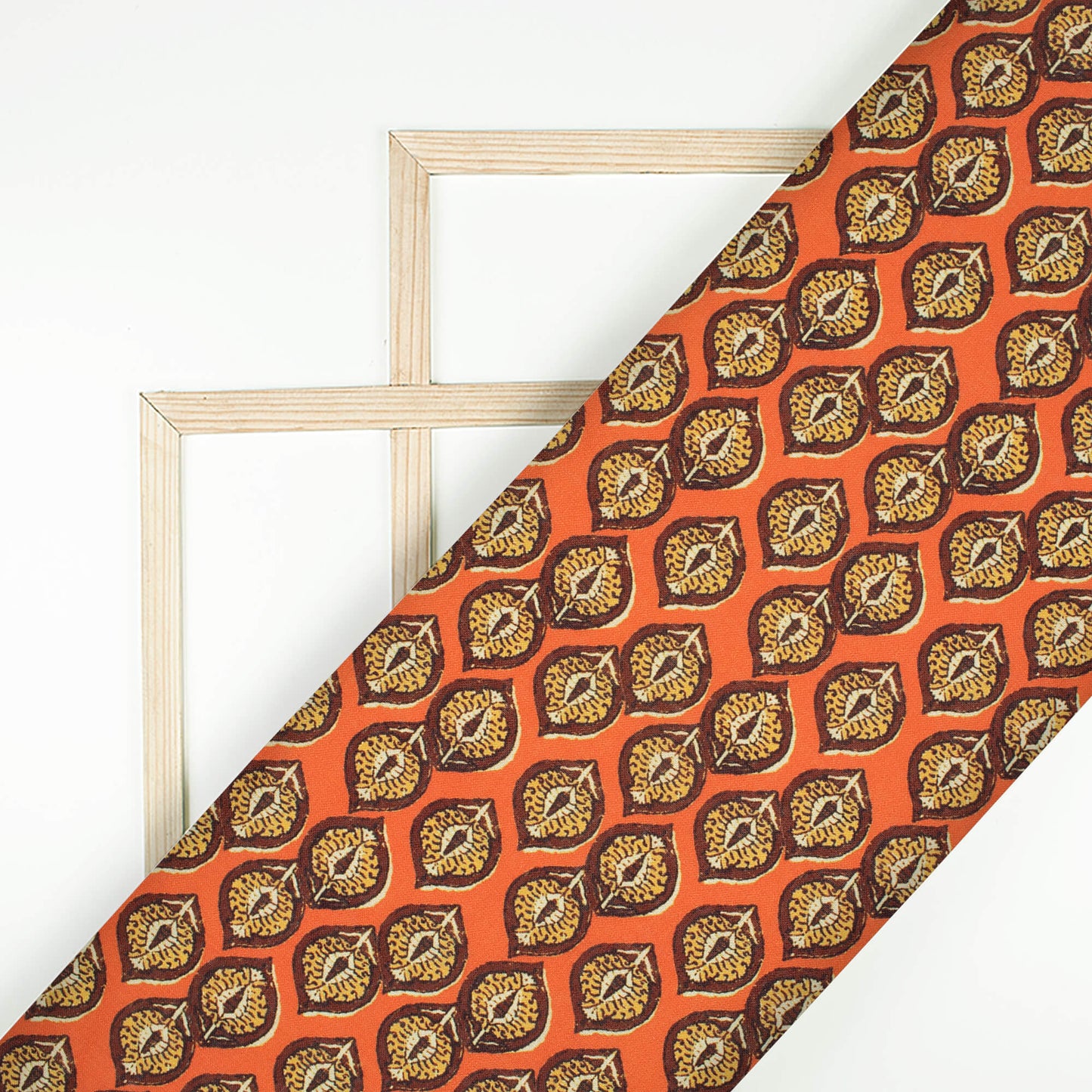 Dark Orange And Ochre Yellow Leaf Pattern Digital Print Linen Textured Fabric (Width 56 Inches)