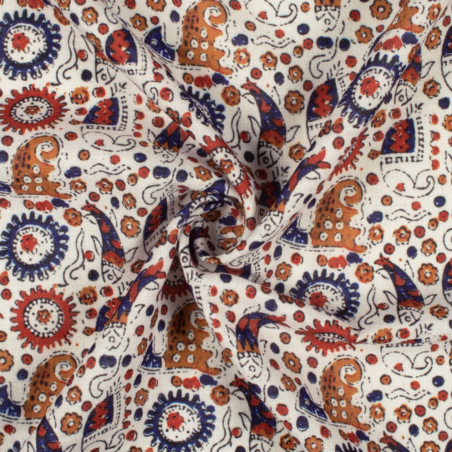 White And Navy Blue Ajrakh Pattern Digital Print Linen Textured Fabric (Width 56 Inches)