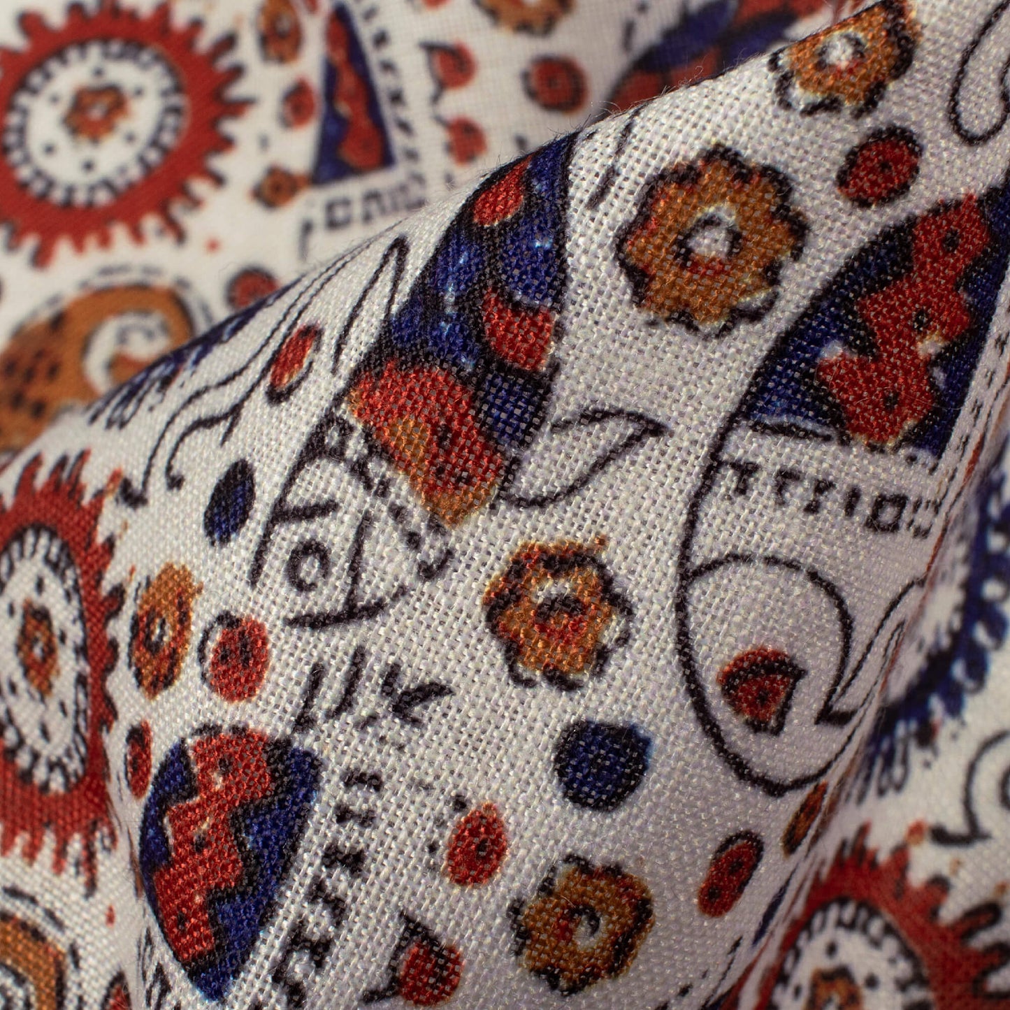 White And Navy Blue Ajrakh Pattern Digital Print Linen Textured Fabric (Width 56 Inches)