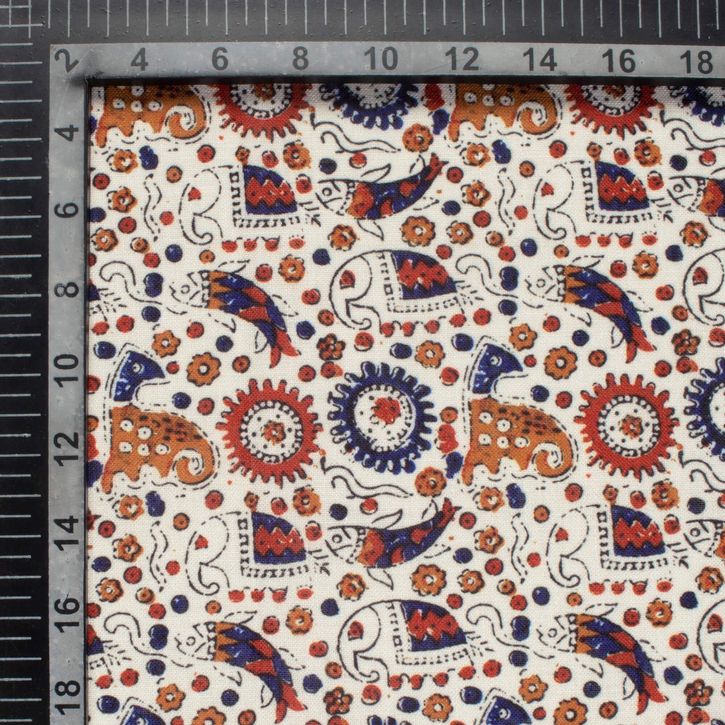 White And Navy Blue Ajrakh Pattern Digital Print Linen Textured Fabric (Width 56 Inches)
