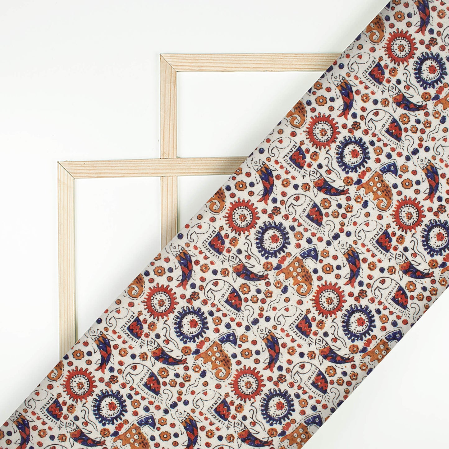 White And Navy Blue Ajrakh Pattern Digital Print Linen Textured Fabric (Width 56 Inches)
