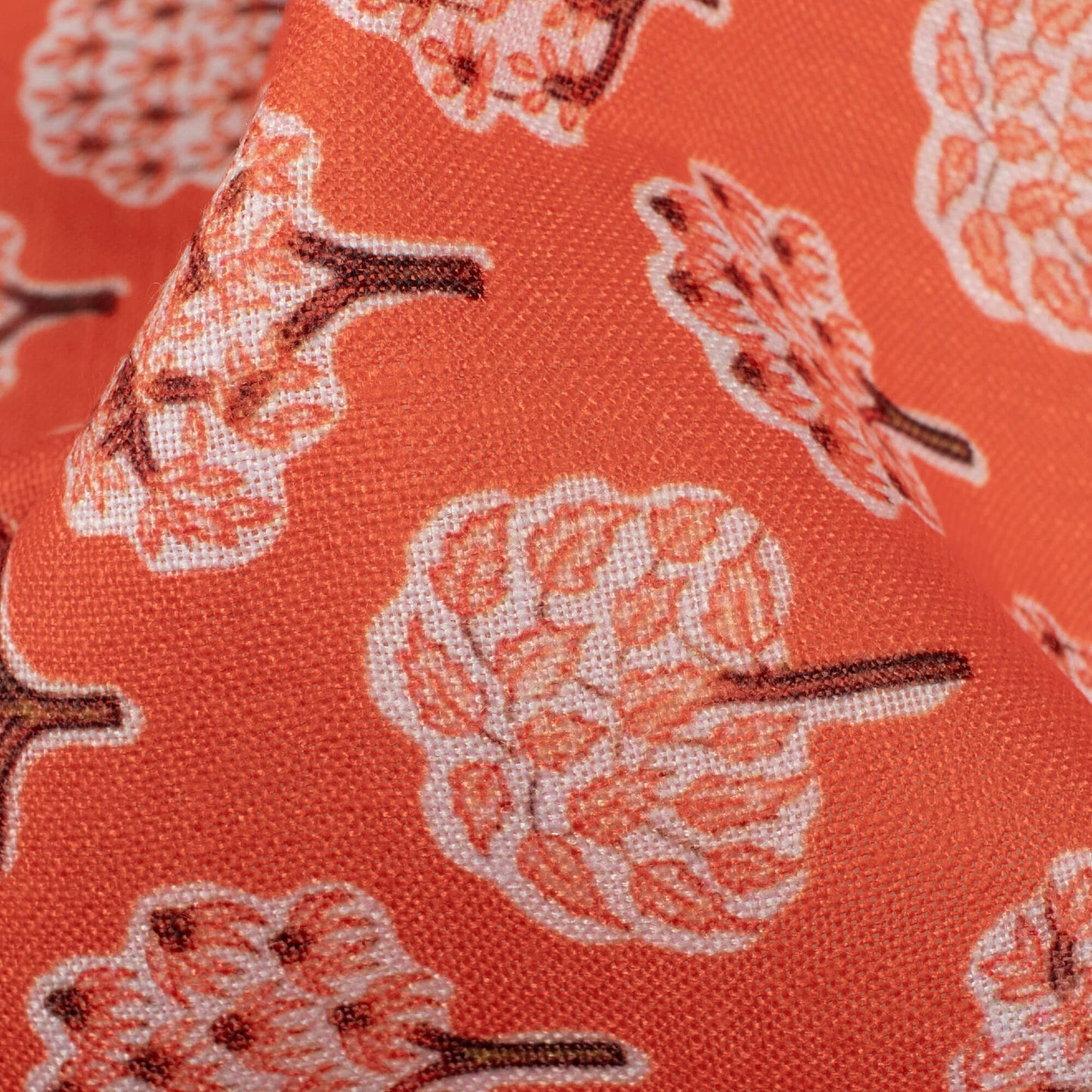 Salamander Orange And Peach Floral Pattern Digital Print Linen Textured Fabric (Width 56 Inches)