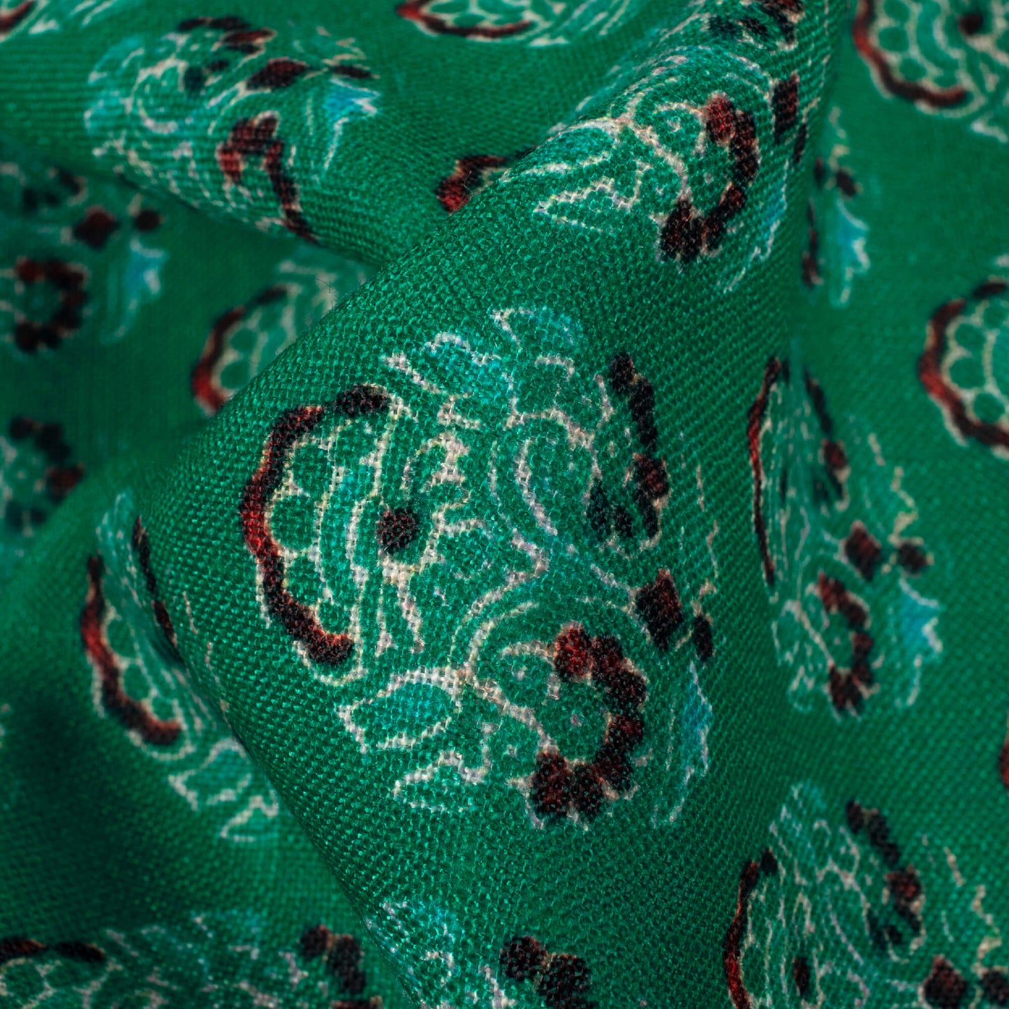 Dark Green And Red Floral Pattern Digital Print Linen Textured Fabric (Width 56 Inches)