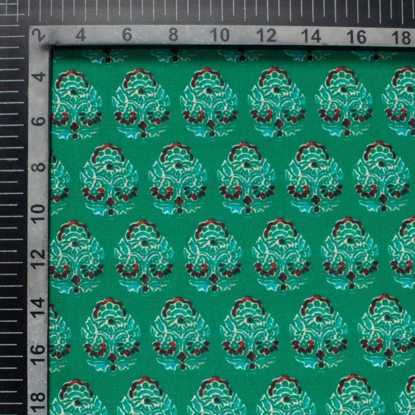 Dark Green And Red Floral Pattern Digital Print Linen Textured Fabric (Width 56 Inches)