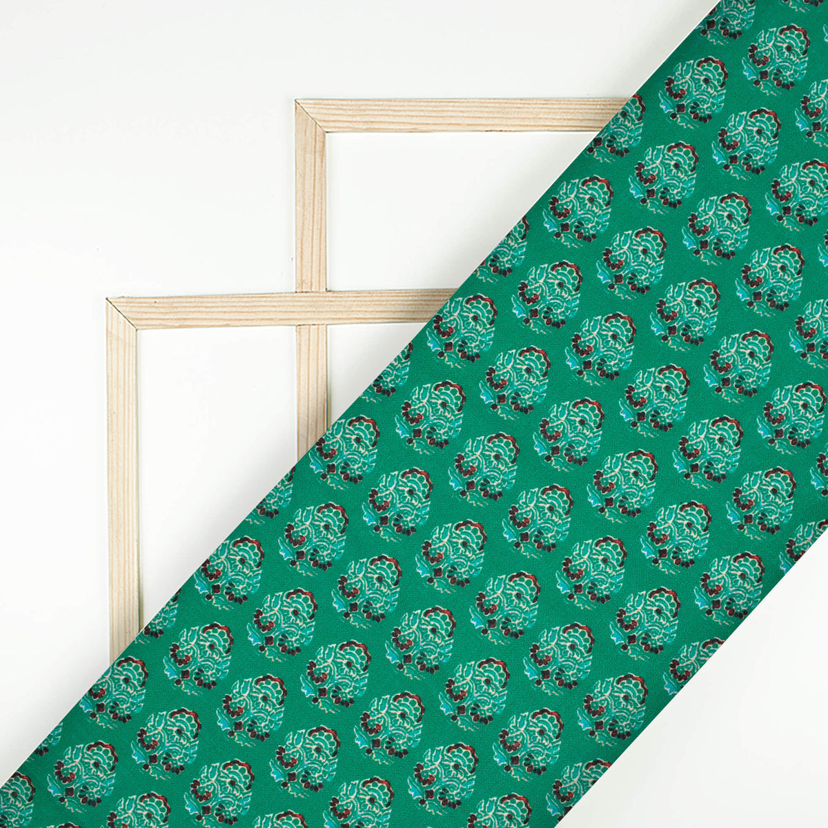 Dark Green And Red Floral Pattern Digital Print Linen Textured Fabric (Width 56 Inches)