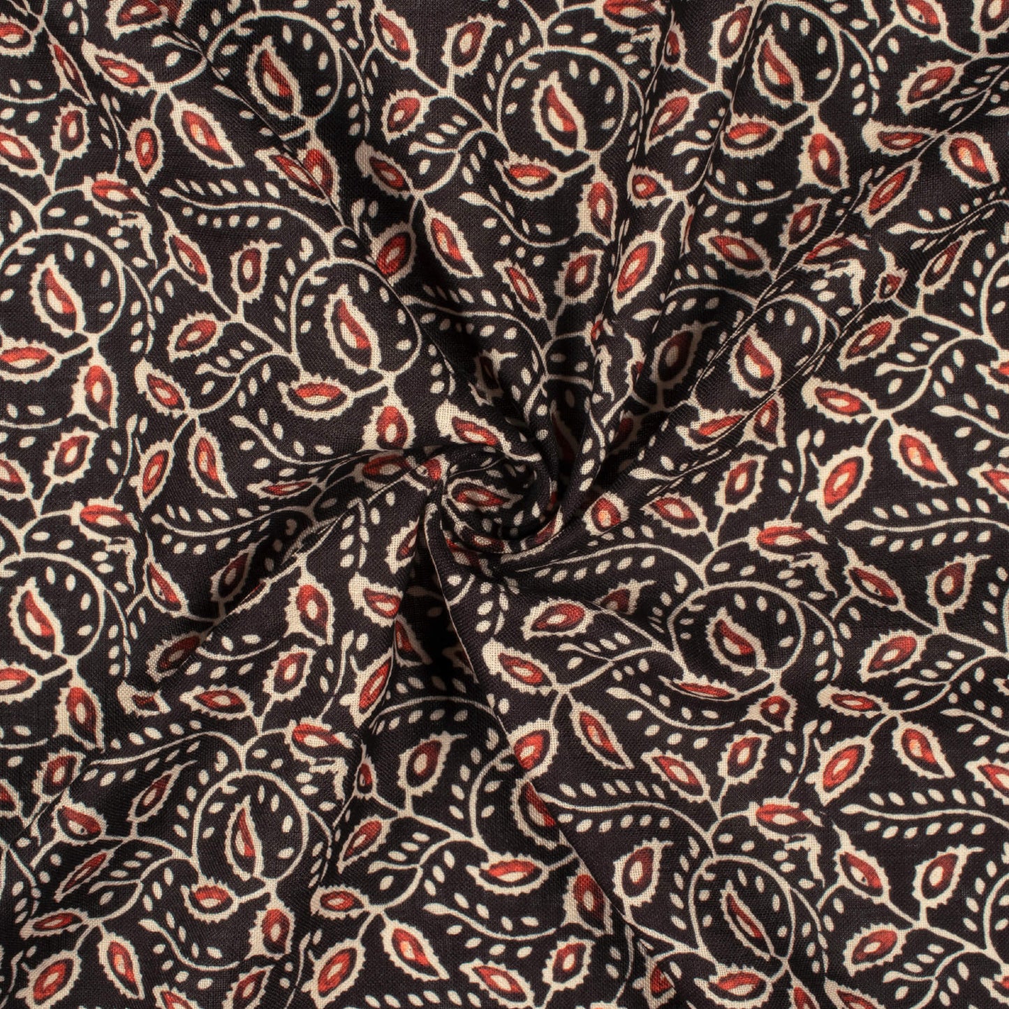 Black And Barn Red Ajrakh Pattern Digital Print Linen Textured Fabric (Width 56 Inches)