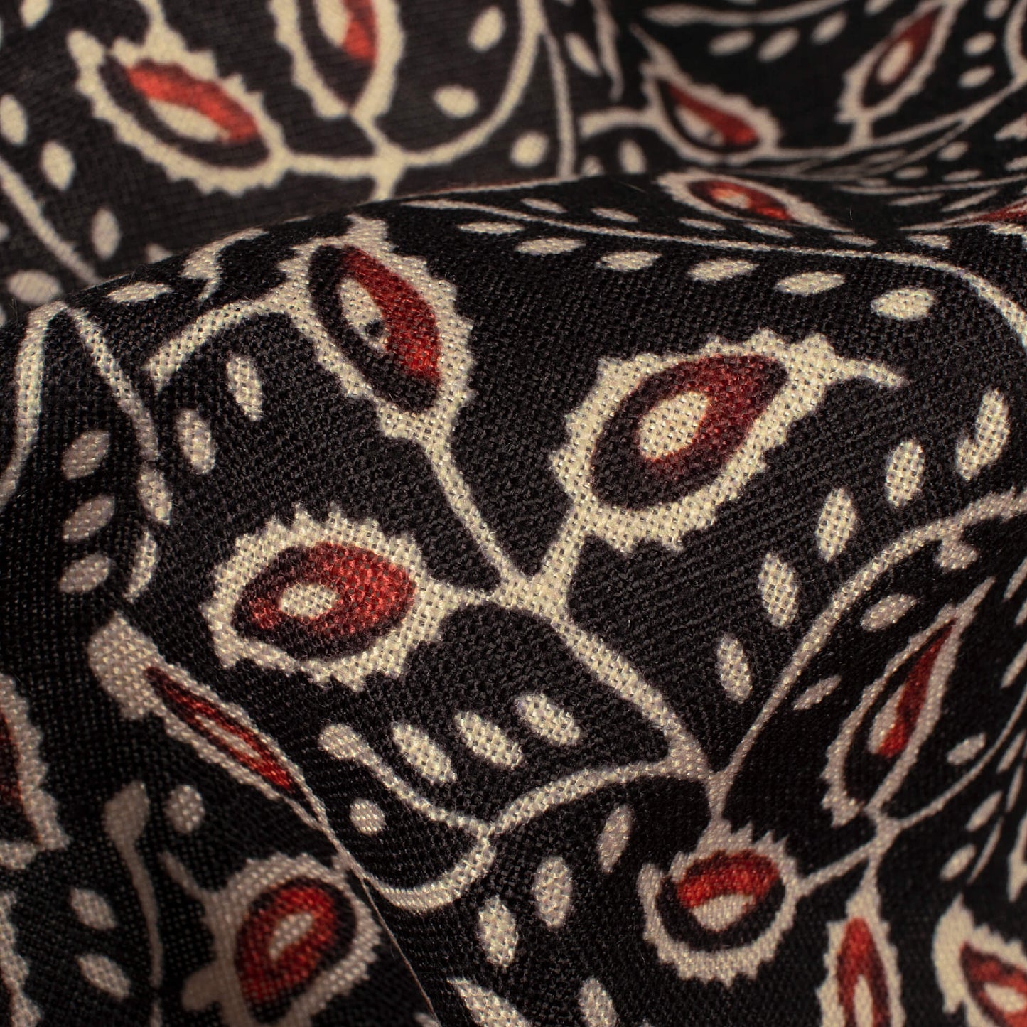 Black And Barn Red Ajrakh Pattern Digital Print Linen Textured Fabric (Width 56 Inches)