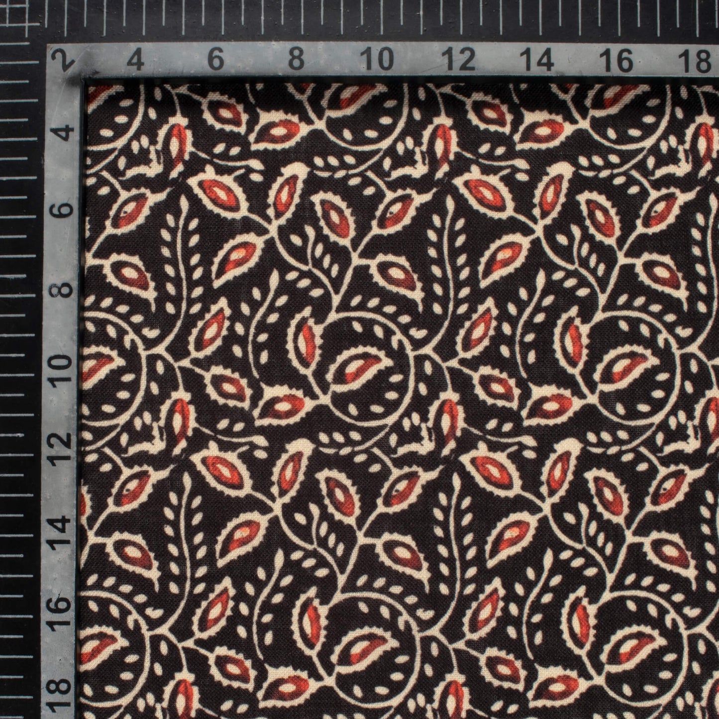 Black And Barn Red Ajrakh Pattern Digital Print Linen Textured Fabric (Width 56 Inches)