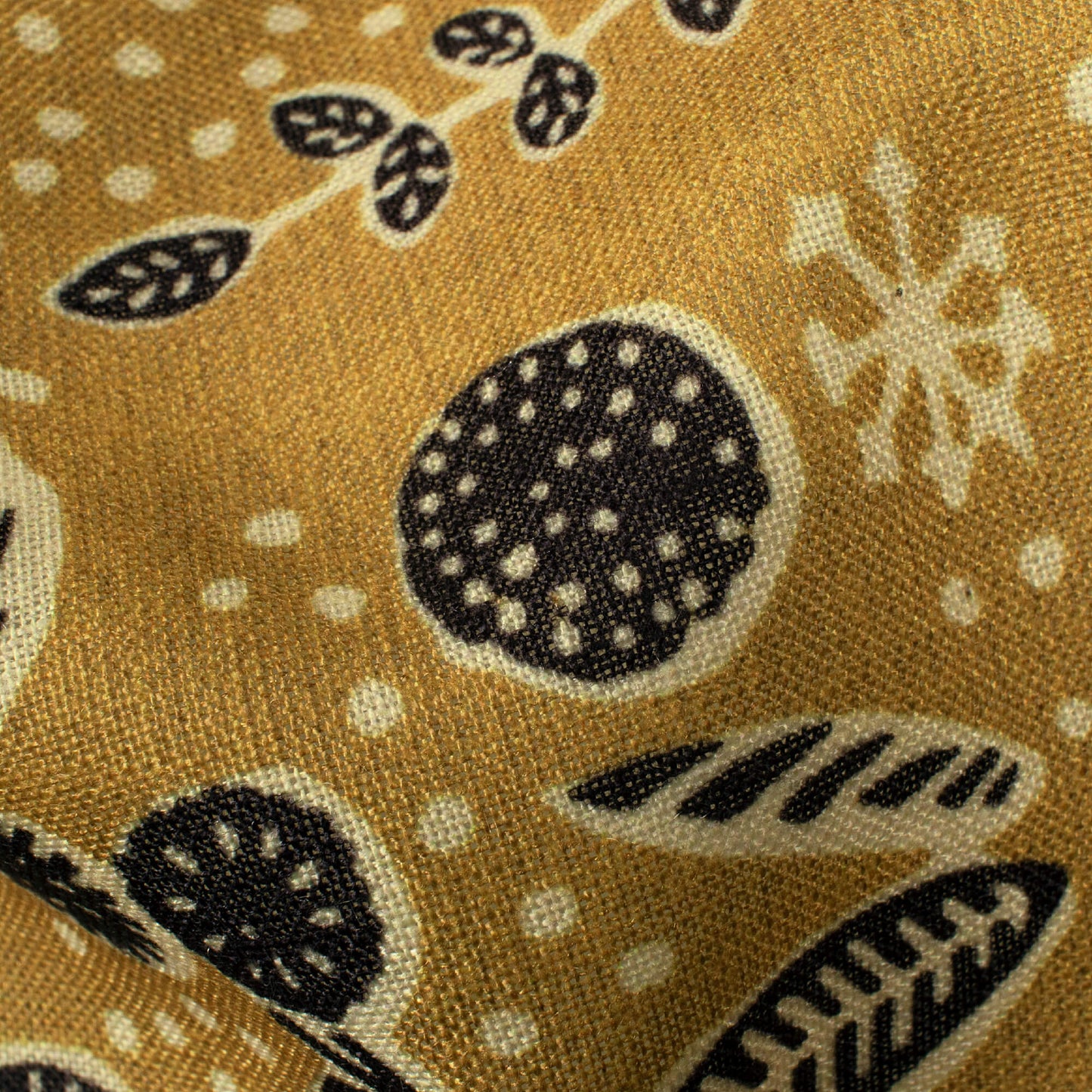Ochre Yellow And Black Leaf Pattern Digital Print Linen Textured Fabric (Width 56 Inches)