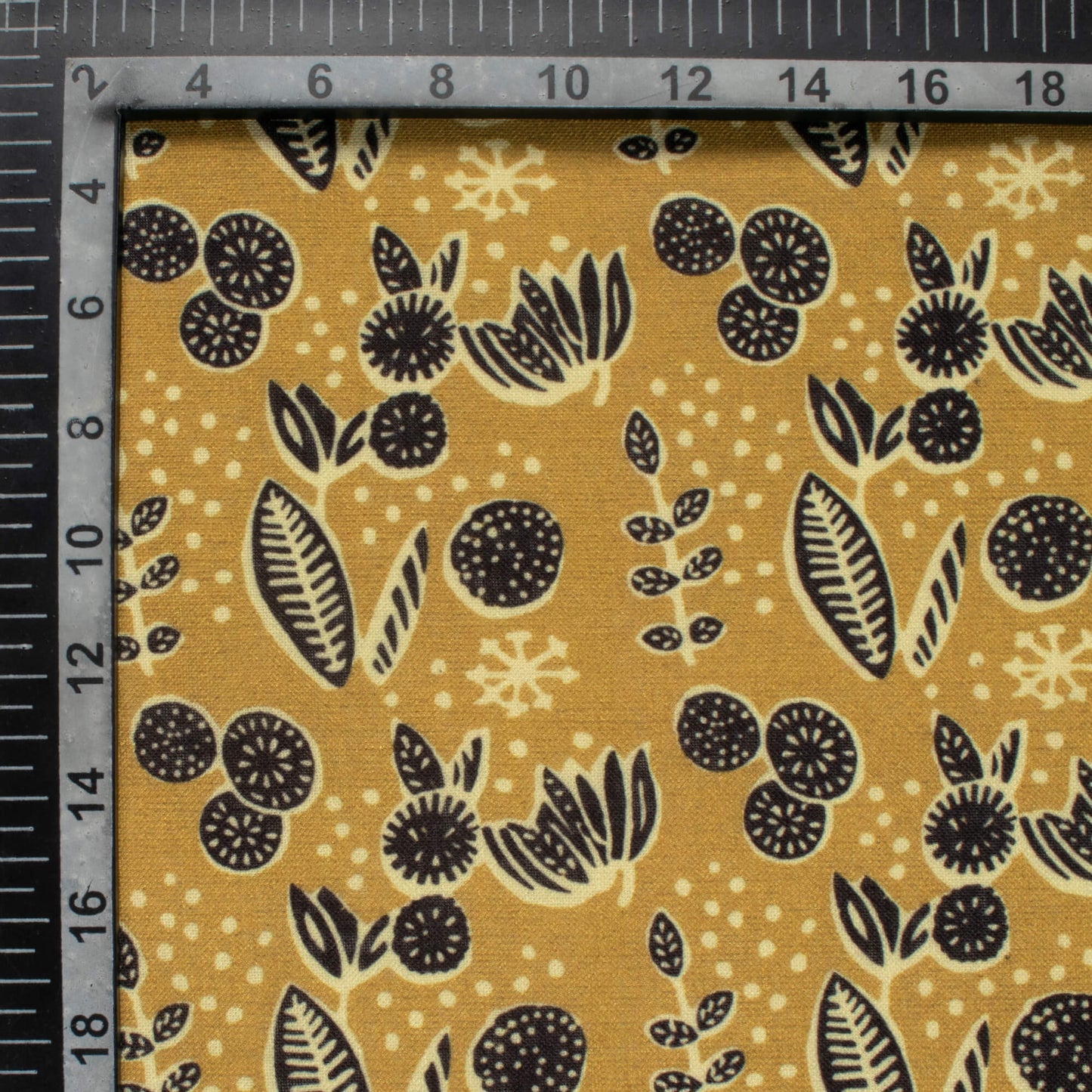 Ochre Yellow And Black Leaf Pattern Digital Print Linen Textured Fabric (Width 56 Inches)