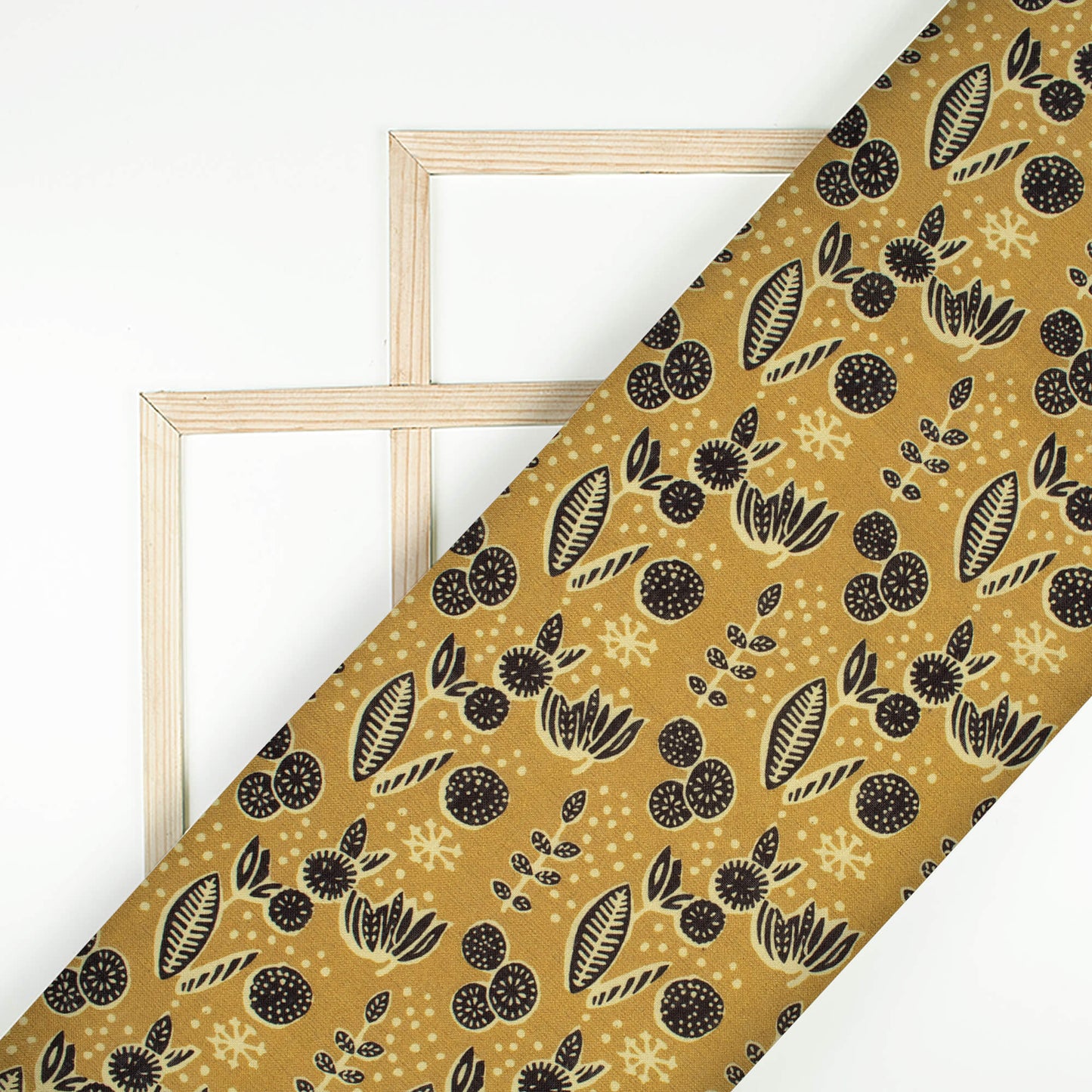 Ochre Yellow And Black Leaf Pattern Digital Print Linen Textured Fabric (Width 56 Inches)