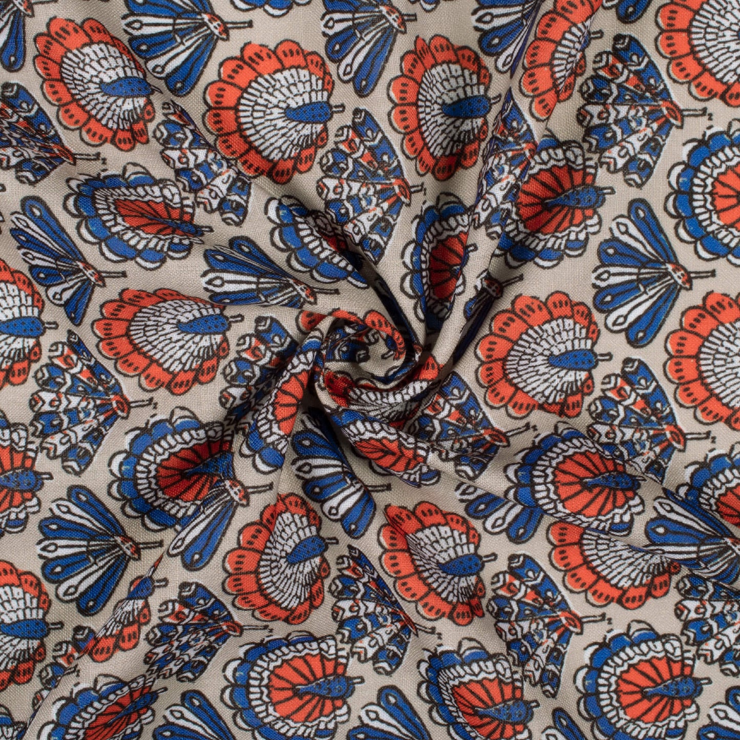 Grey And Peacock Blue Pattern Digital Print Linen Textured Fabric (Width 56 Inches)