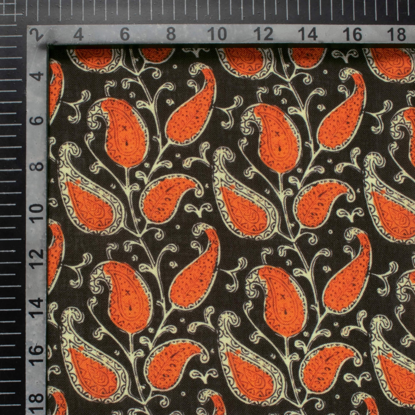 Black And Dark Orange Paisley Pattern Digital Print Linen Textured Fabric (Width 56 Inches)
