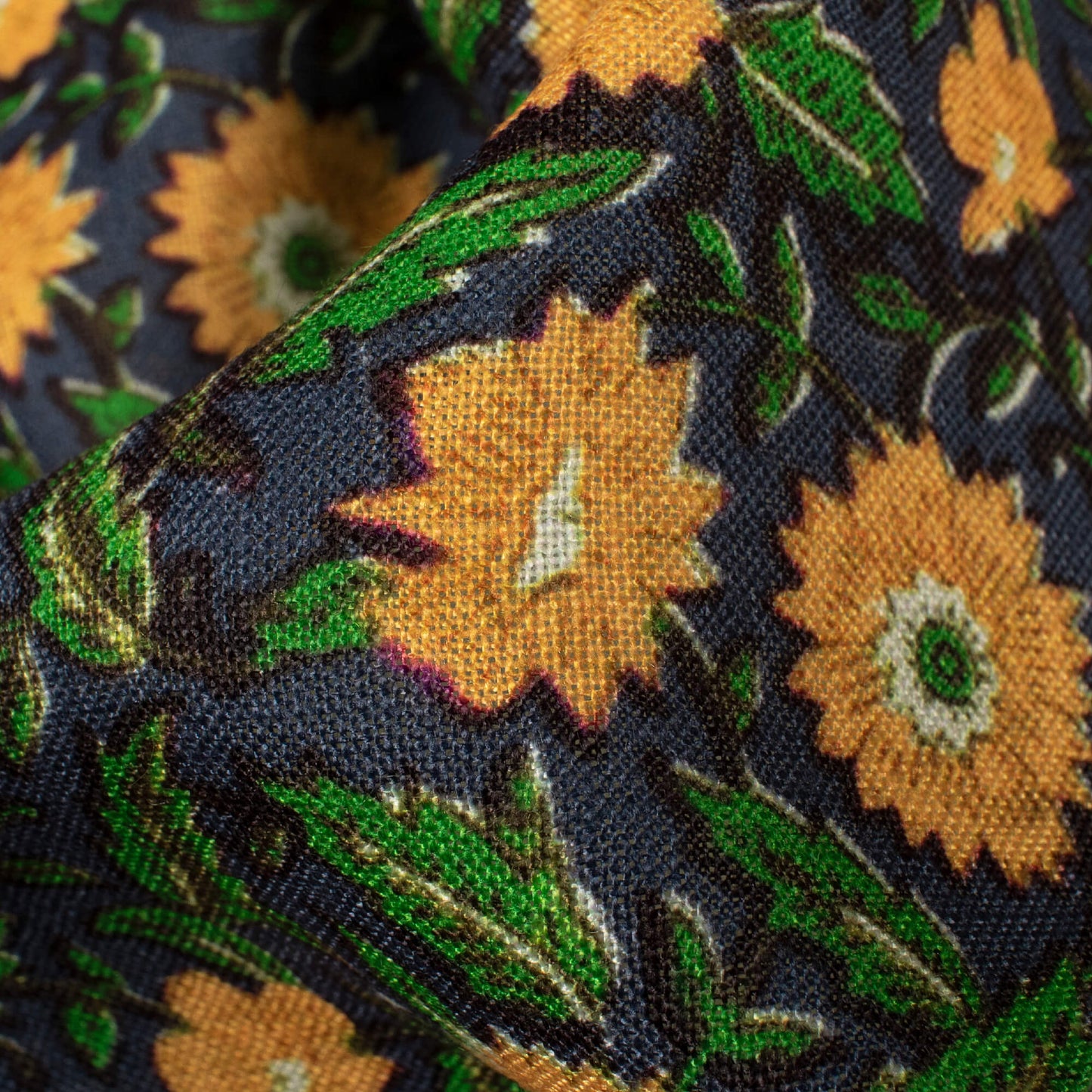 Slate Grey And Honey Yellow Floral Pattern Digital Print Linen Textured Fabric (Width 56 Inches)