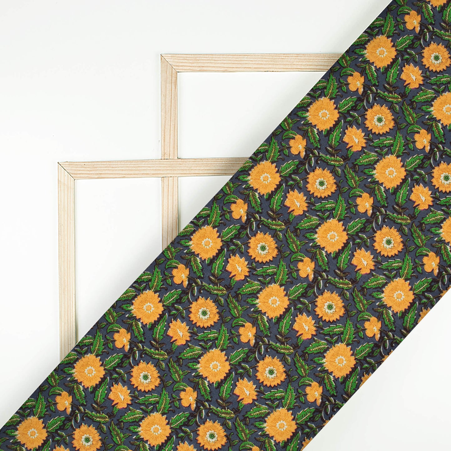 Slate Grey And Honey Yellow Floral Pattern Digital Print Linen Textured Fabric (Width 56 Inches)