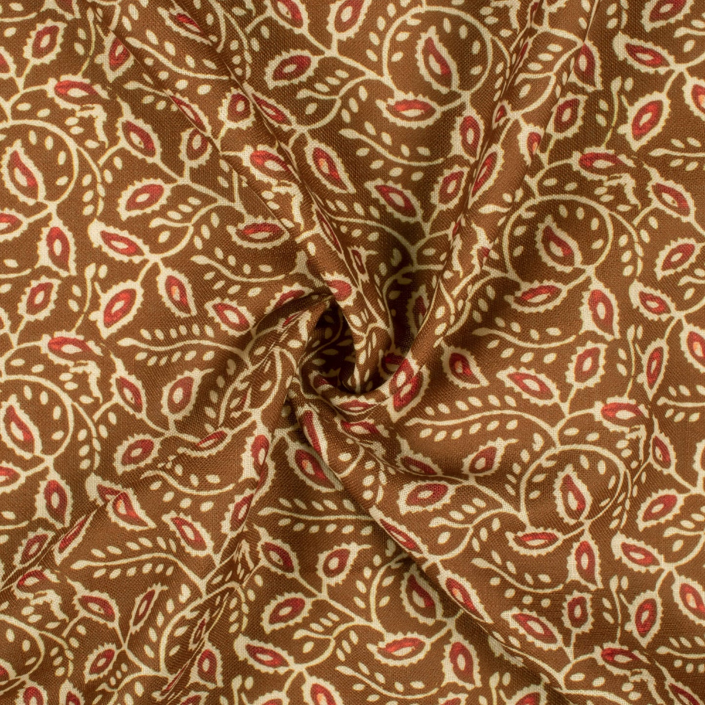 Dark Brown And Red Leaf Pattern Digital Print Linen Textured Fabric (Width 56 Inches)