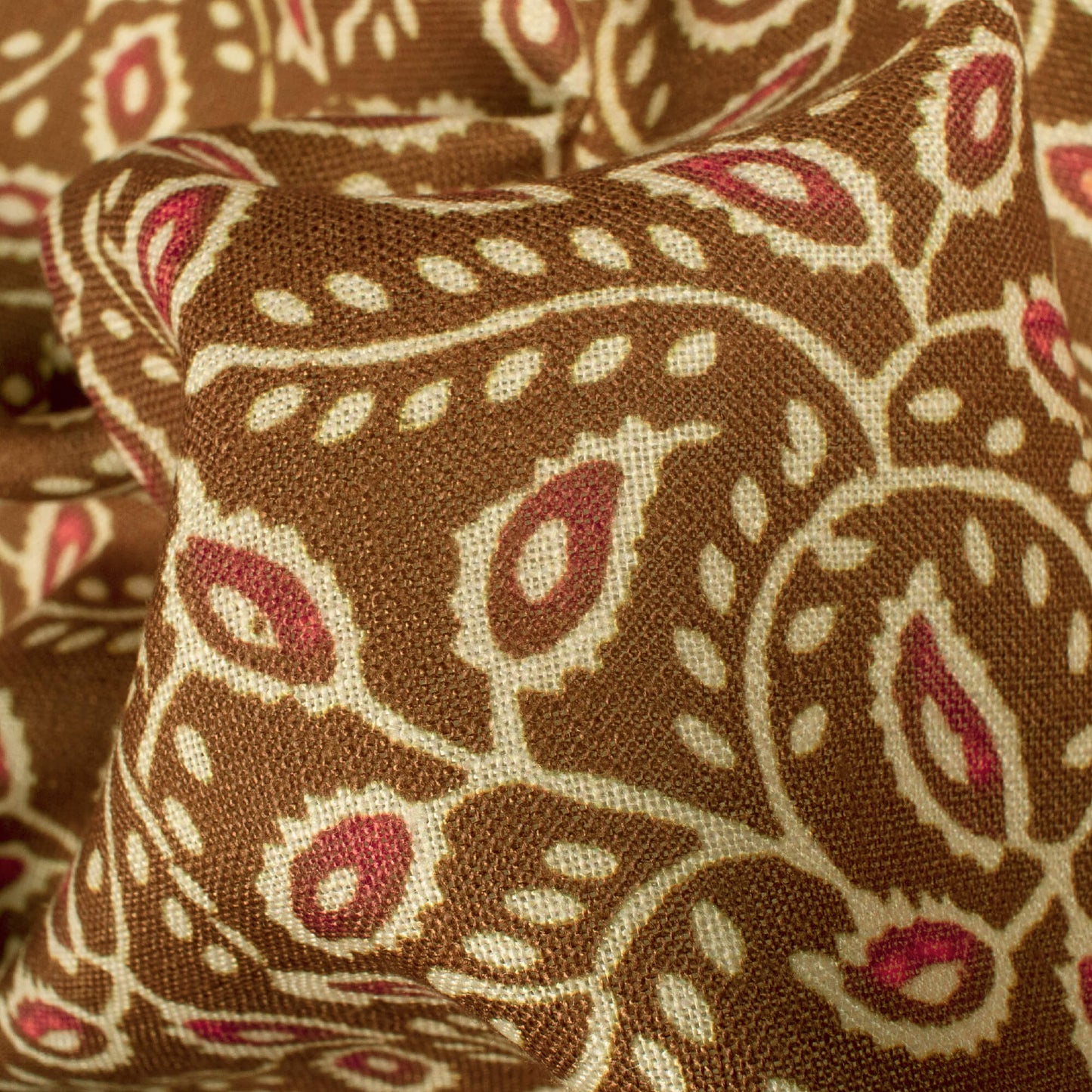 Dark Brown And Red Leaf Pattern Digital Print Linen Textured Fabric (Width 56 Inches)