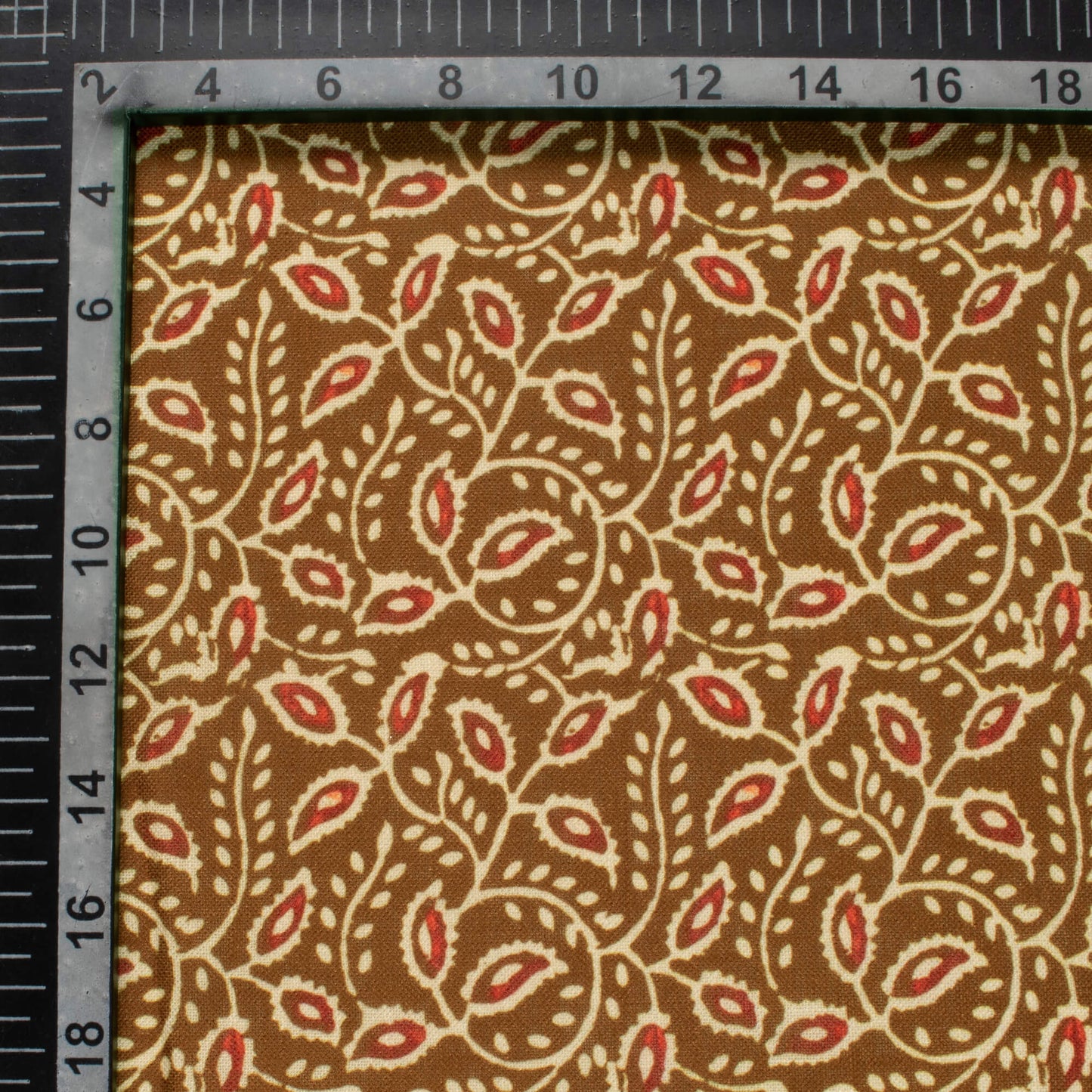 Dark Brown And Red Leaf Pattern Digital Print Linen Textured Fabric (Width 56 Inches)