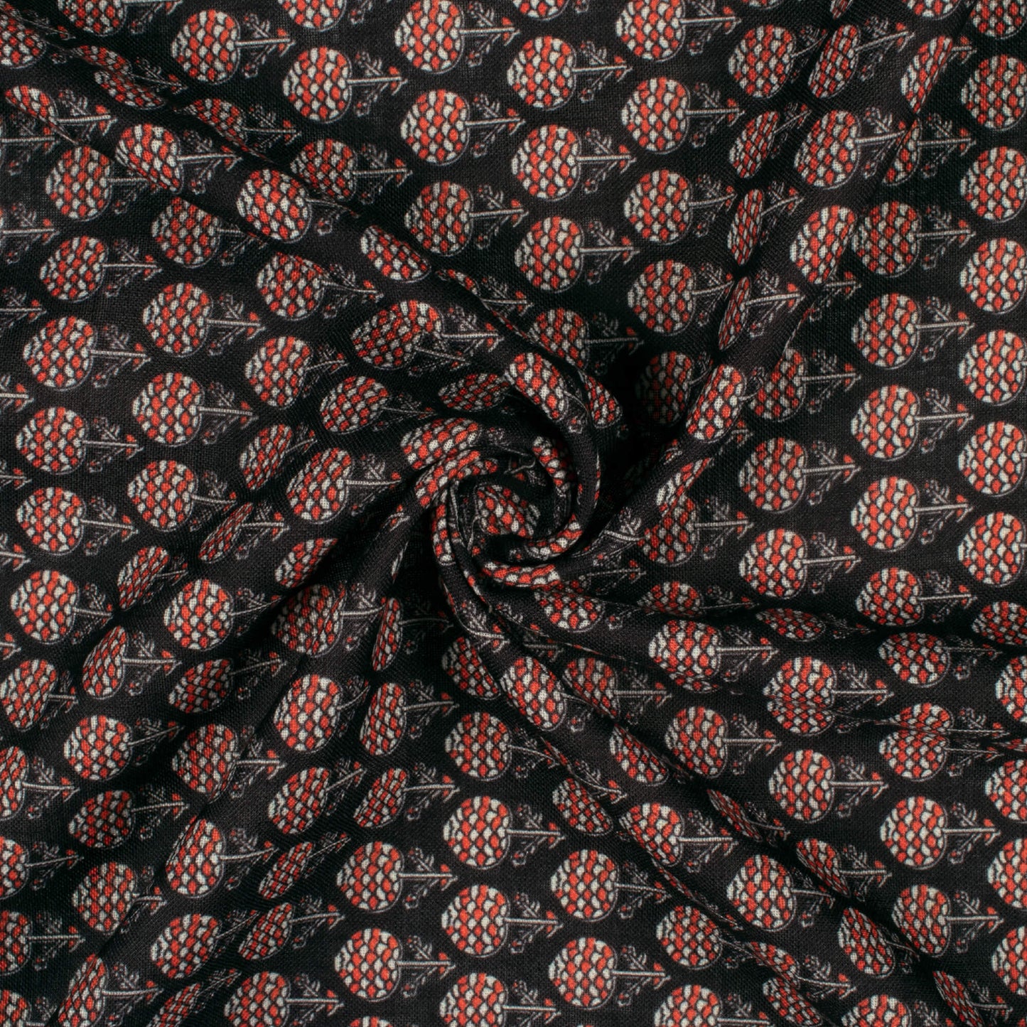 Black And Brick Red Floral Pattern Digital Print Linen Textured Fabric (Width 56 Inches)