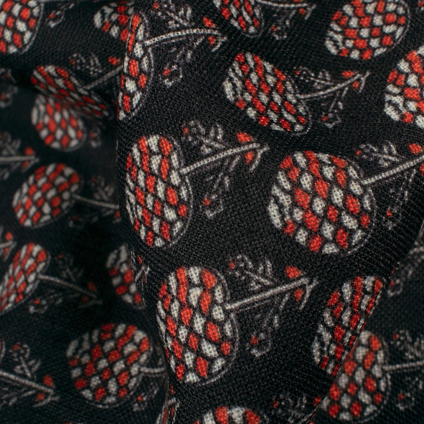 Black And Brick Red Floral Pattern Digital Print Linen Textured Fabric (Width 56 Inches)