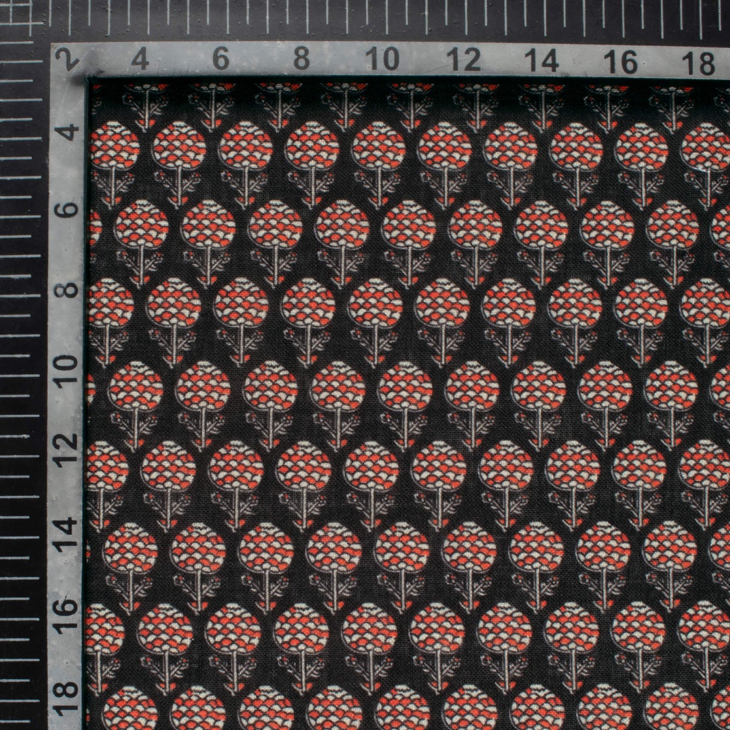 Black And Brick Red Floral Pattern Digital Print Linen Textured Fabric (Width 56 Inches)