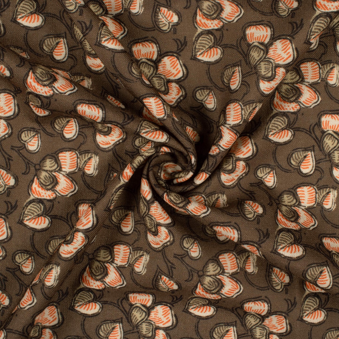 Cedar Brown And Deep Orange Leaf Pattern Digital Print Linen Textured Fabric (Width 56 Inches)