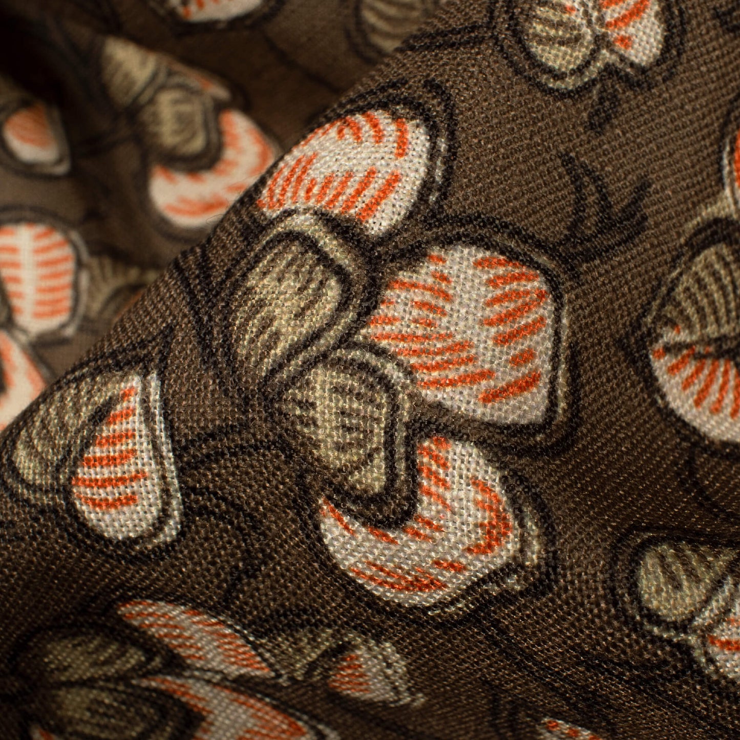 Cedar Brown And Deep Orange Leaf Pattern Digital Print Linen Textured Fabric (Width 56 Inches)