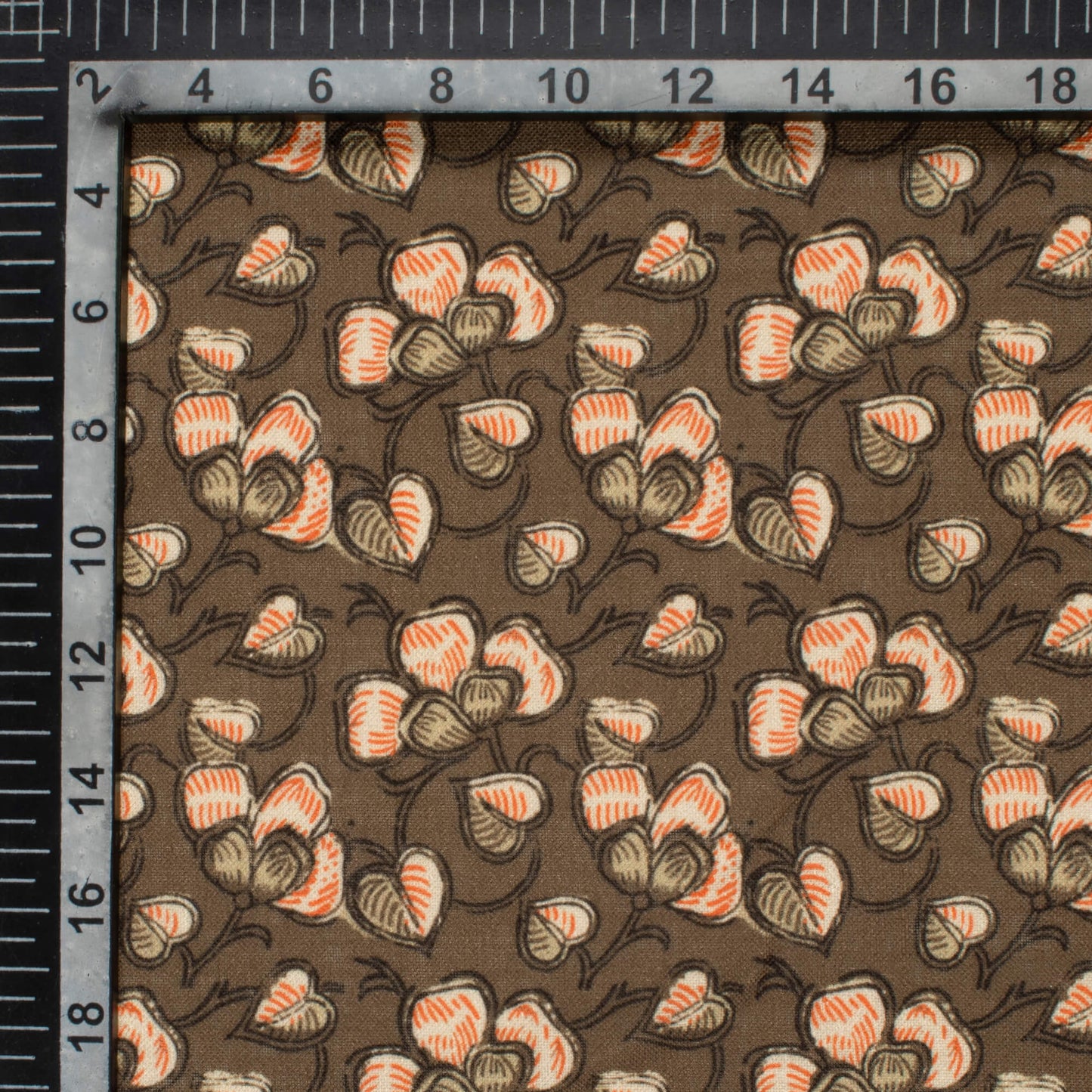 Cedar Brown And Deep Orange Leaf Pattern Digital Print Linen Textured Fabric (Width 56 Inches)