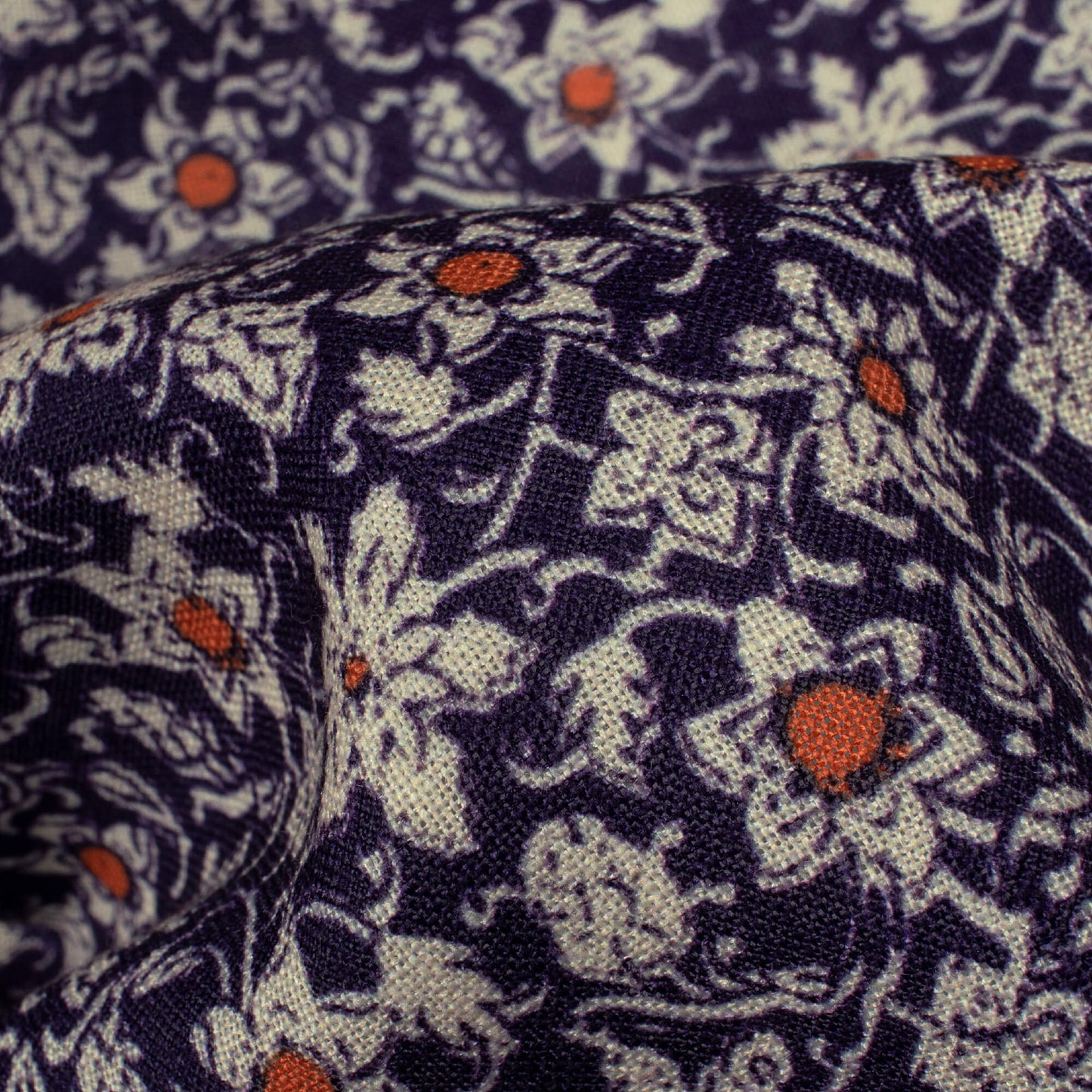 Midnight Purple And Oat Beige Floral Pattern Digital Print Linen Textured Fabric (Width 56 Inches)