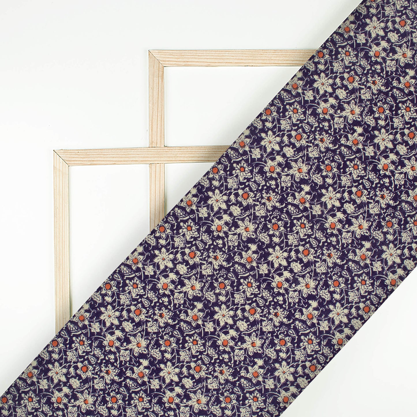 Midnight Purple And Oat Beige Floral Pattern Digital Print Linen Textured Fabric (Width 56 Inches)