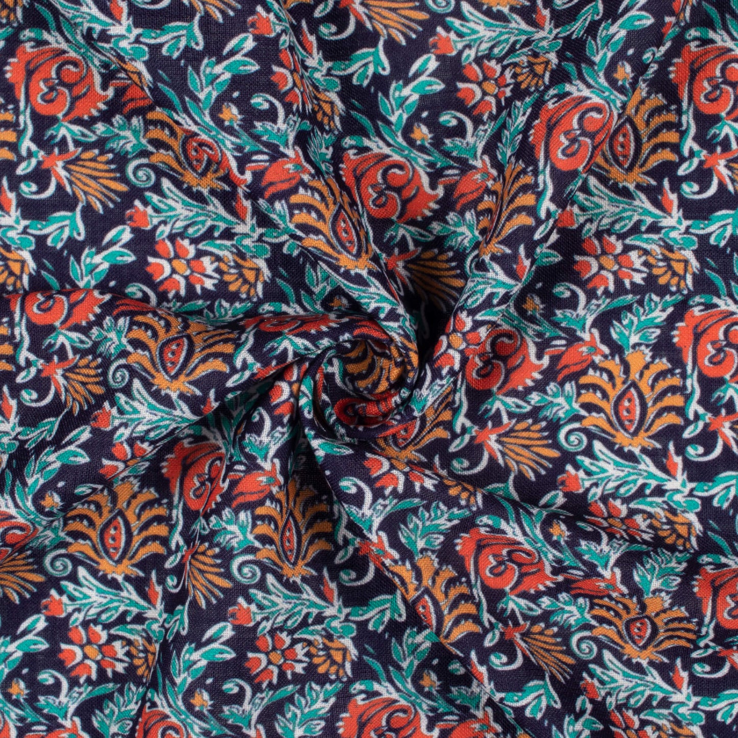 Navy Blue And Persian Red Floral Pattern Digital Print Linen Textured Fabric (Width 56 Inches)