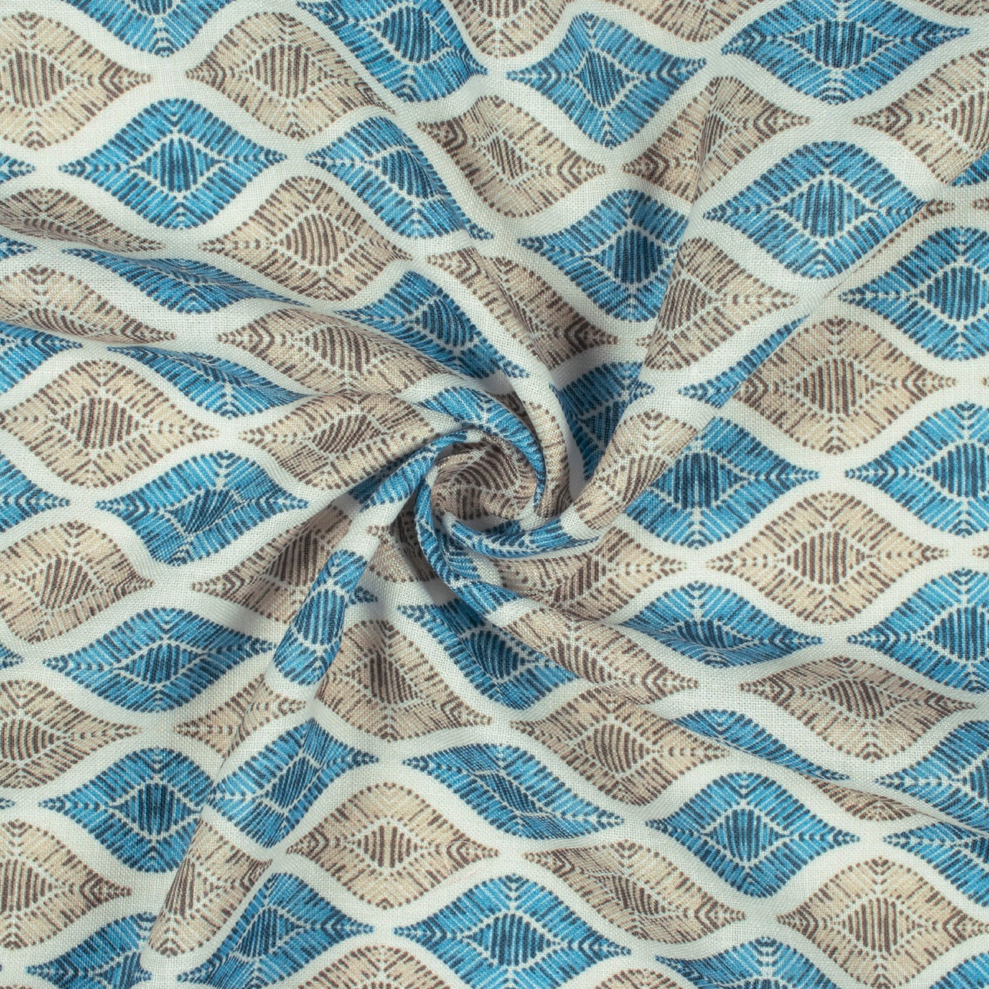 Pastel Blue And Latte Beige Trellis Pattern Digital Print Linen Textured Fabric (Width 56 Inches)
